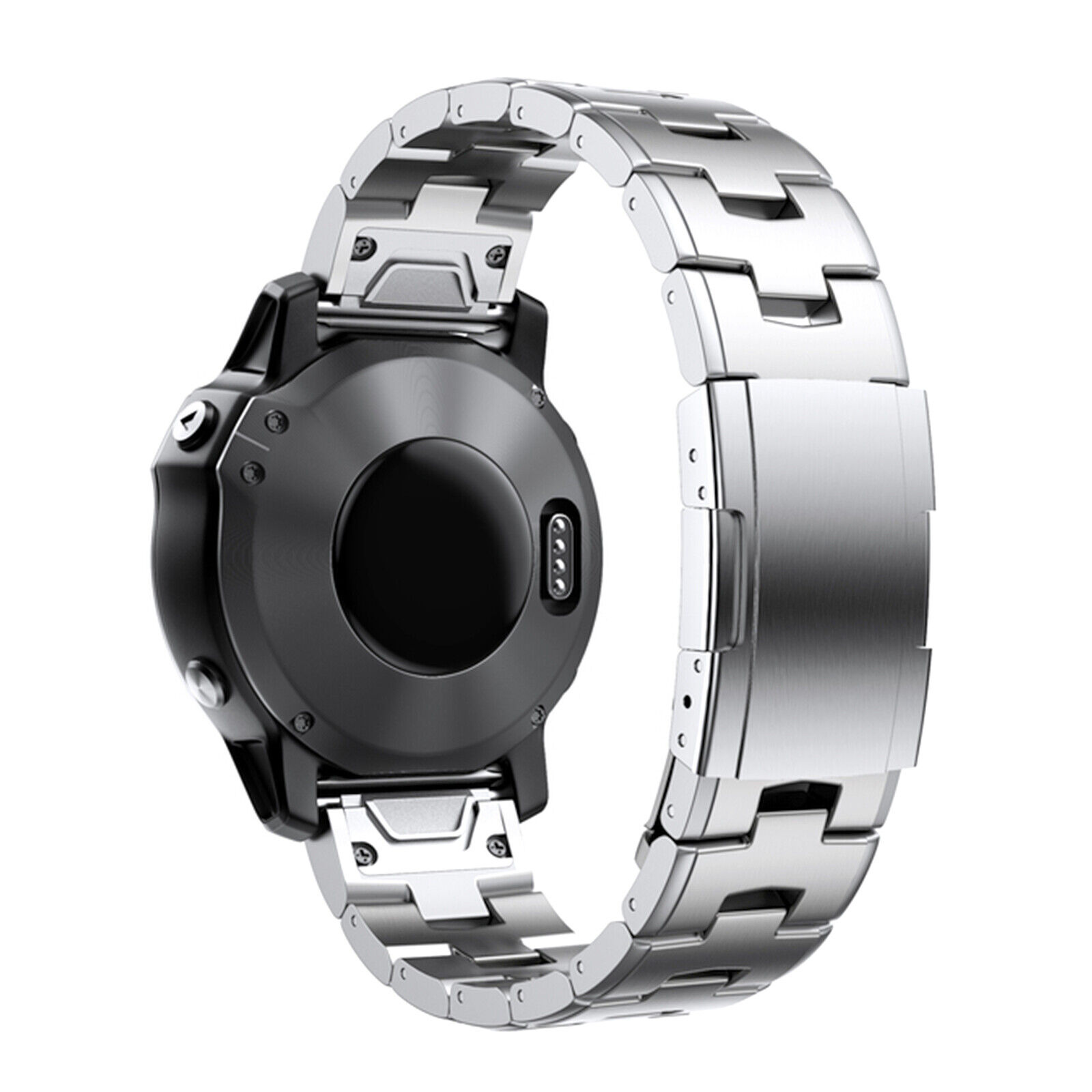 Rückseite einer schwarzen Smartwatch mit silbernem Armband. Hintergrund weiß.