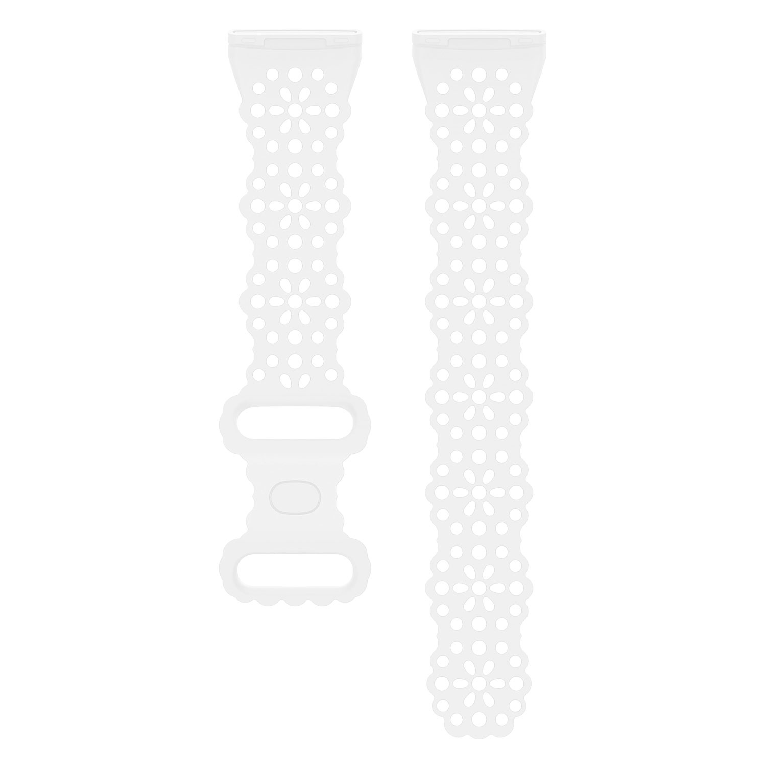 Weiße Uhrenarmbänder mit floralen Aussparungen. Zwei Armbänder nebeneinander. Weißer Hintergrund.