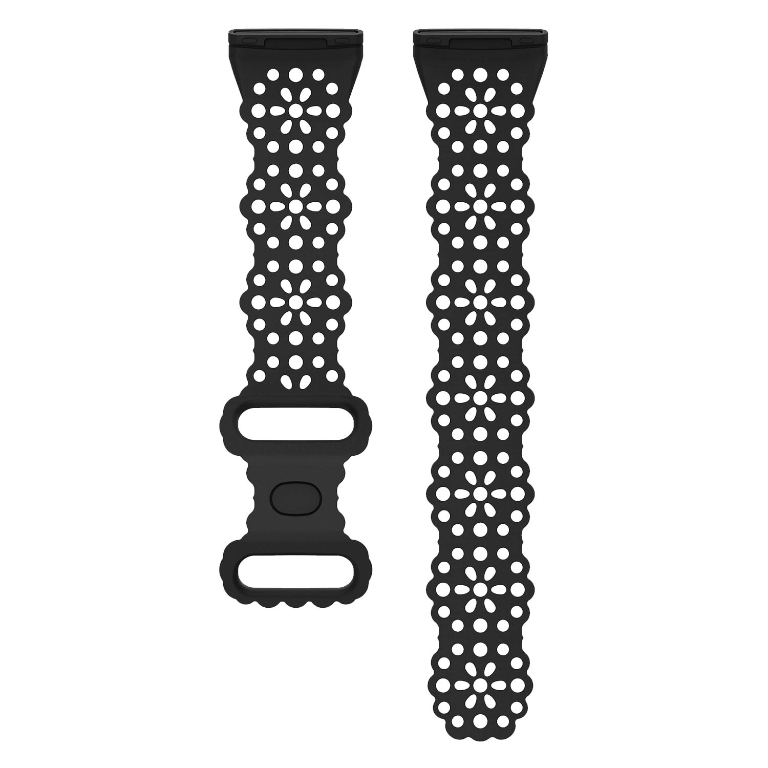 Zwei schwarze Silikon-Uhrenarmbänder mit floralen Aussparungen.