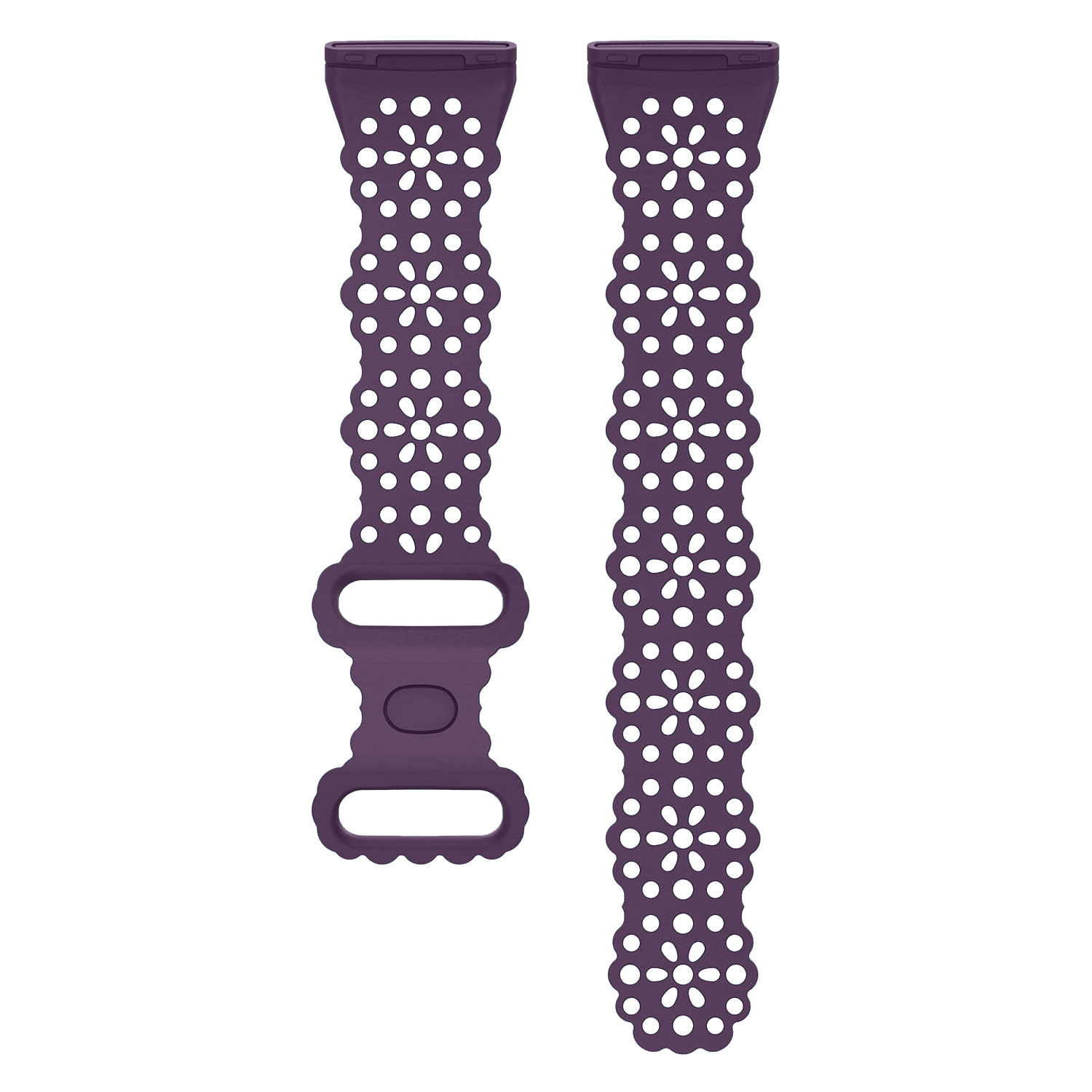 Zwei lilafarbene Uhrenarmbänder mit floralem Design. Sie sind mit einem Verschluss verbunden.