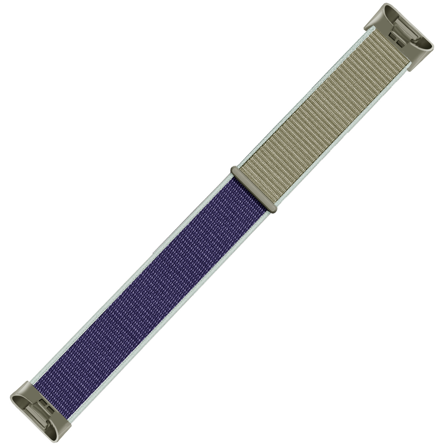 Armband mit oliv- und marineblauen Abschnitten, silbernen Verschlüssen und weißem Hintergrund.