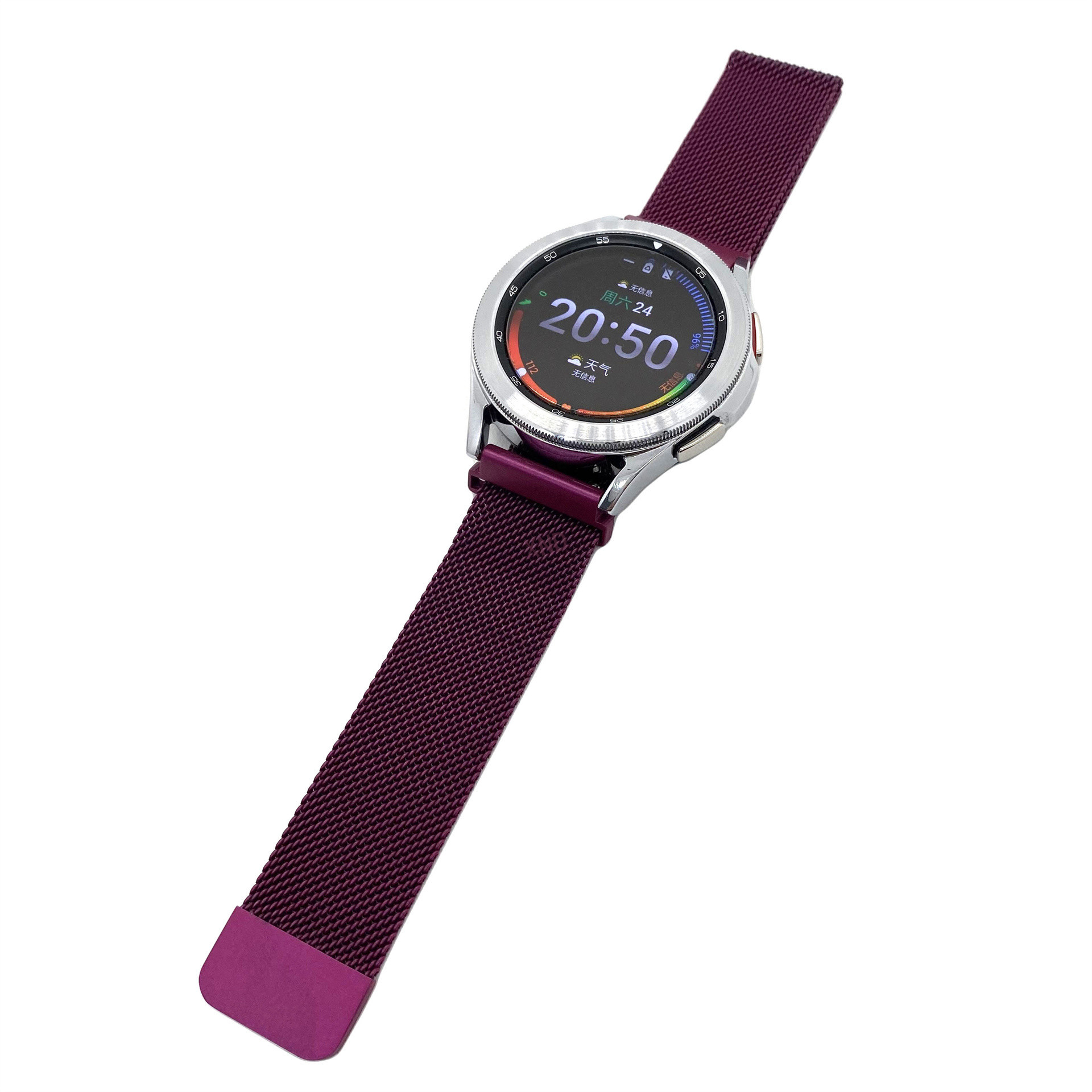 Eine Smartwatch mit lila Mesh-Armband. Das Zifferblatt zeigt Uhrzeit und Datum an.