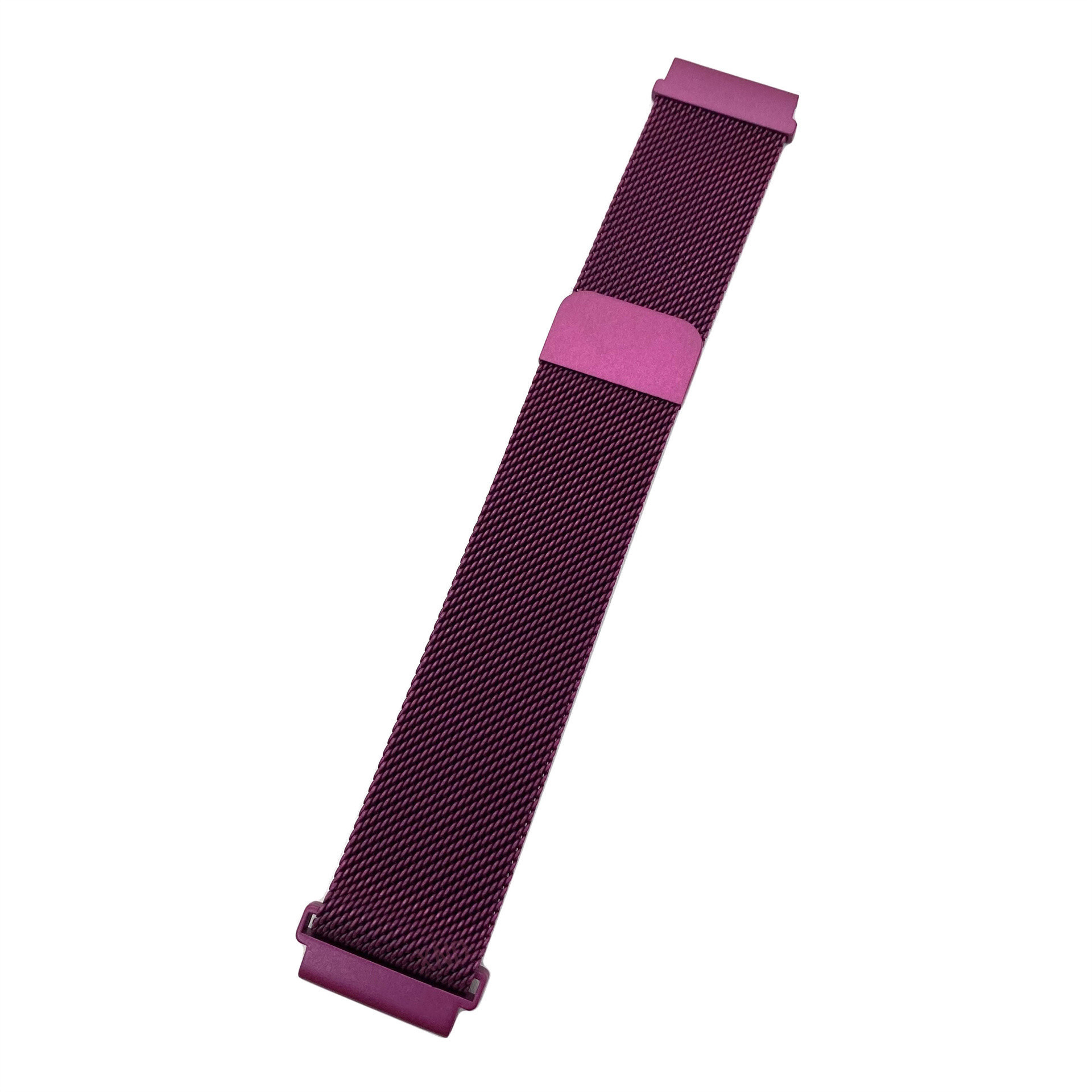 Lila Mesh-Uhrenarmband auf weißem Hintergrund. Das Band ist abgewinkelt.