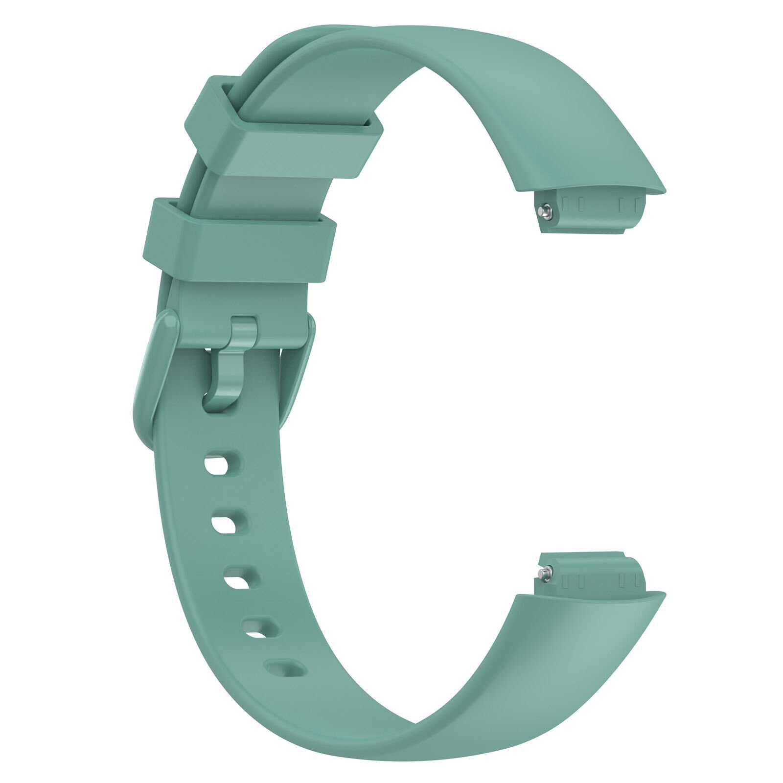 Ein türkis farbenes Uhrenarmband in gebogener Form. Das Band hat eine Schnalle und einen Stift zur Befestigung.