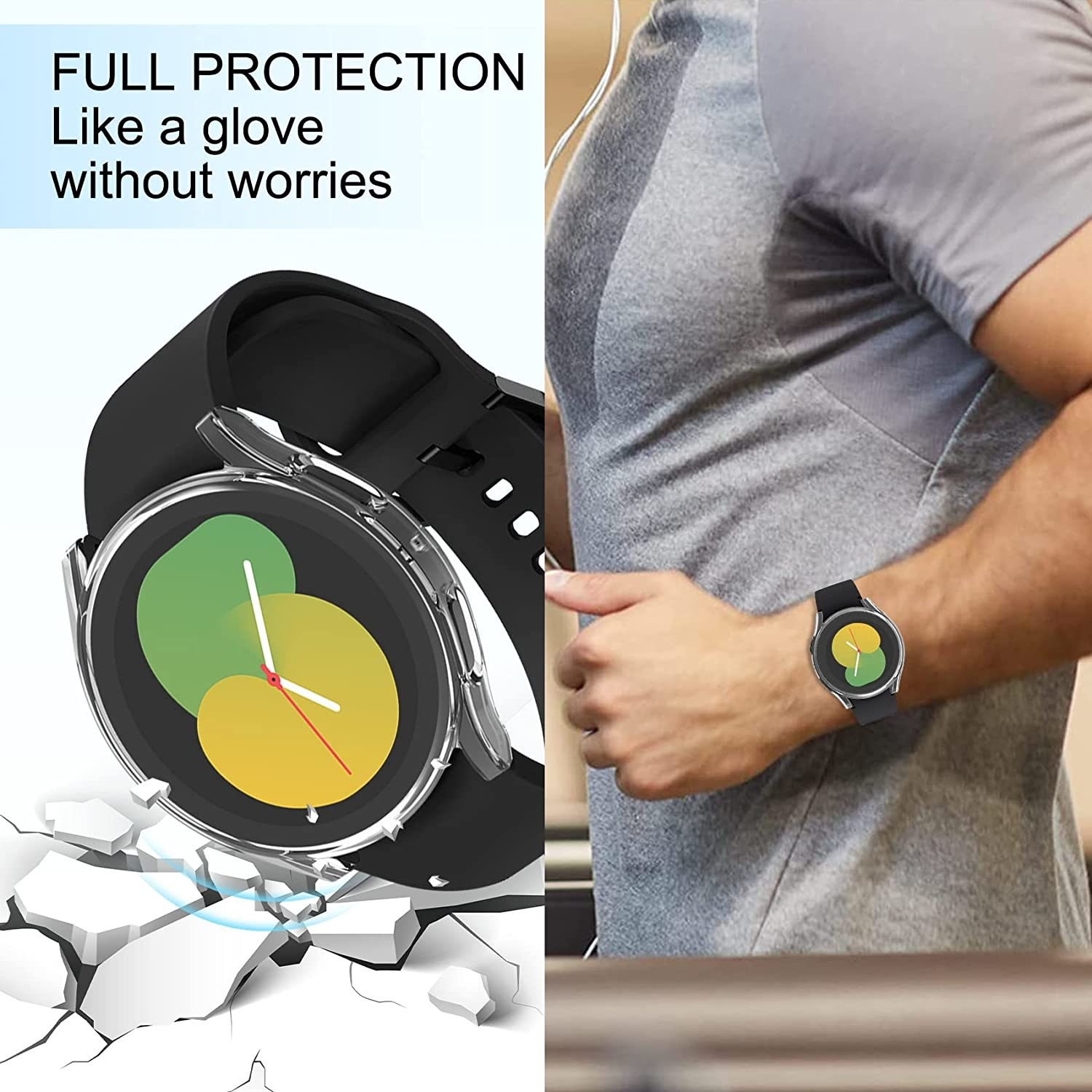 Smartwatch mit Displayschutz. Uhr mit schwarzem Armband, Glasschutz und Person beim Laufen.