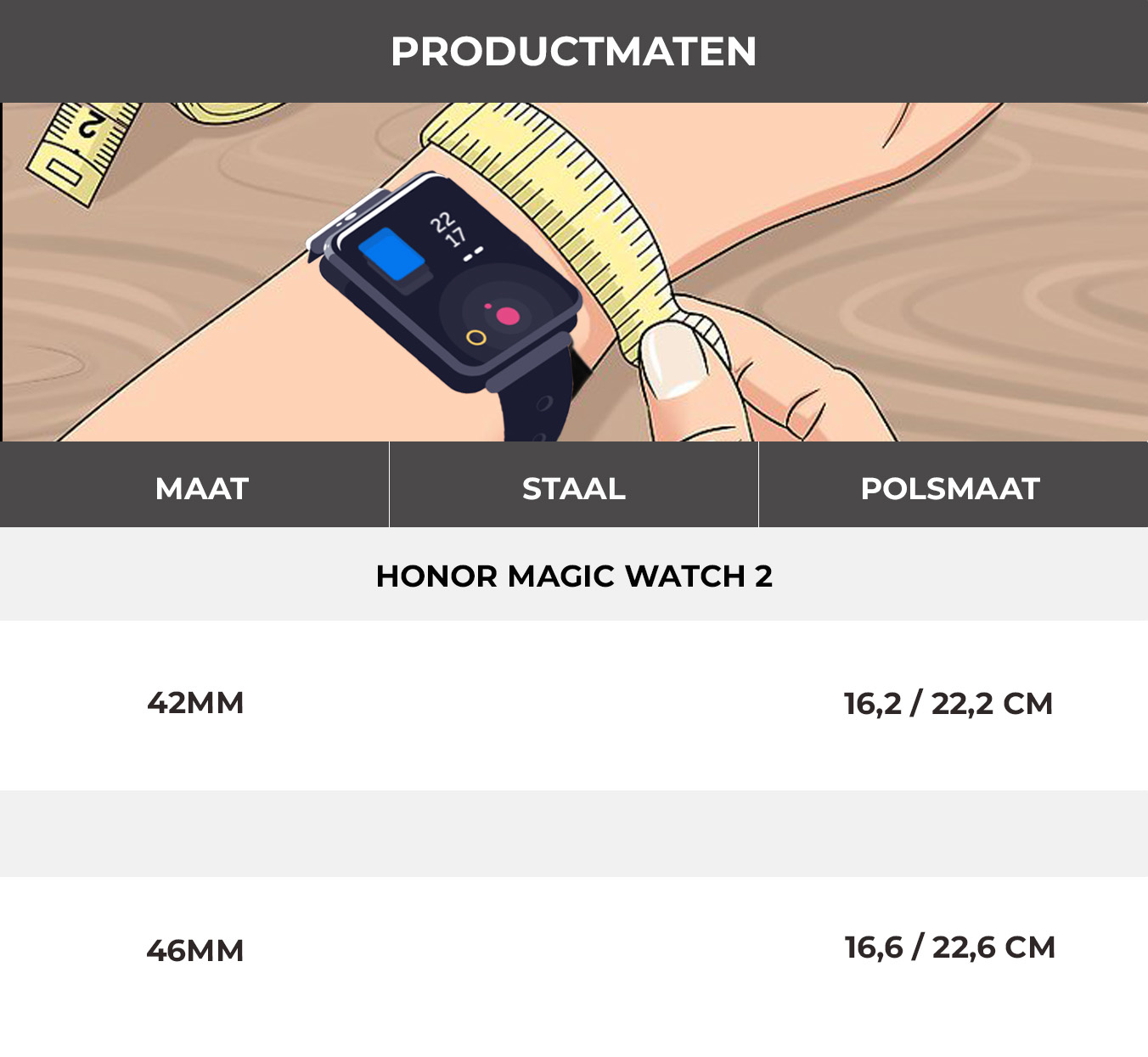 Bild zeigt eine Uhr am Handgelenk mit einem Maßband. Text unten zeigt die Uhrengröße an.
