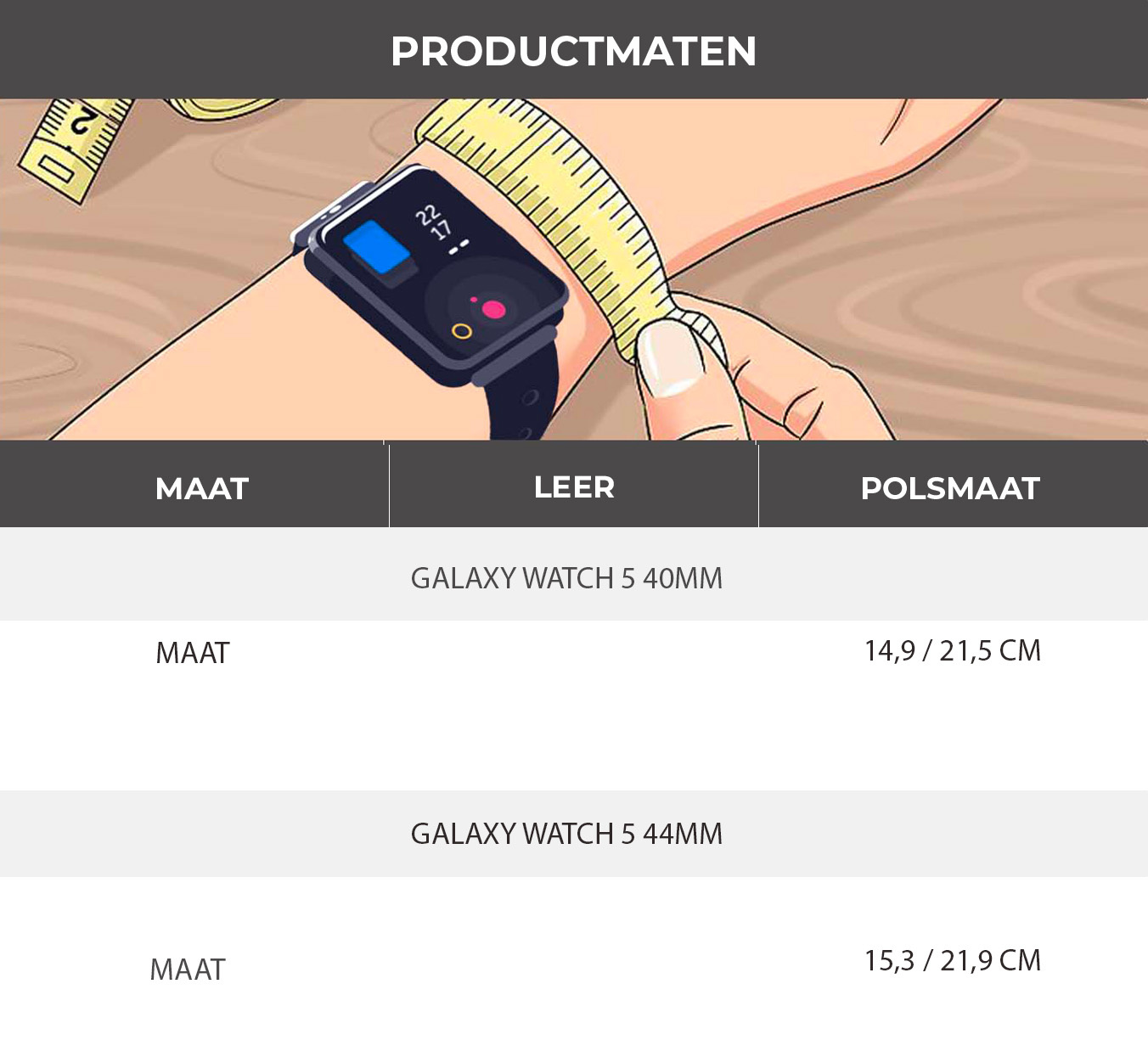 Diagramm, das eine Uhr am Handgelenk mit Messungen für verschiedene Uhrengrößen zeigt.