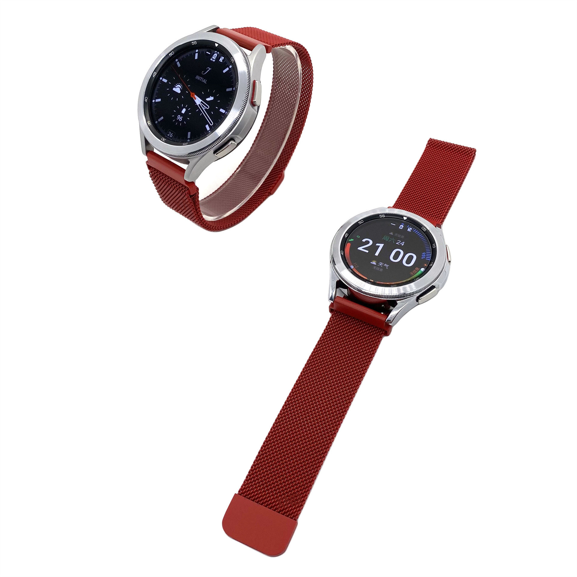 Zwei Smartwatches mit roten Armbändern auf weißem Hintergrund. Eine ist vom Armband getrennt.