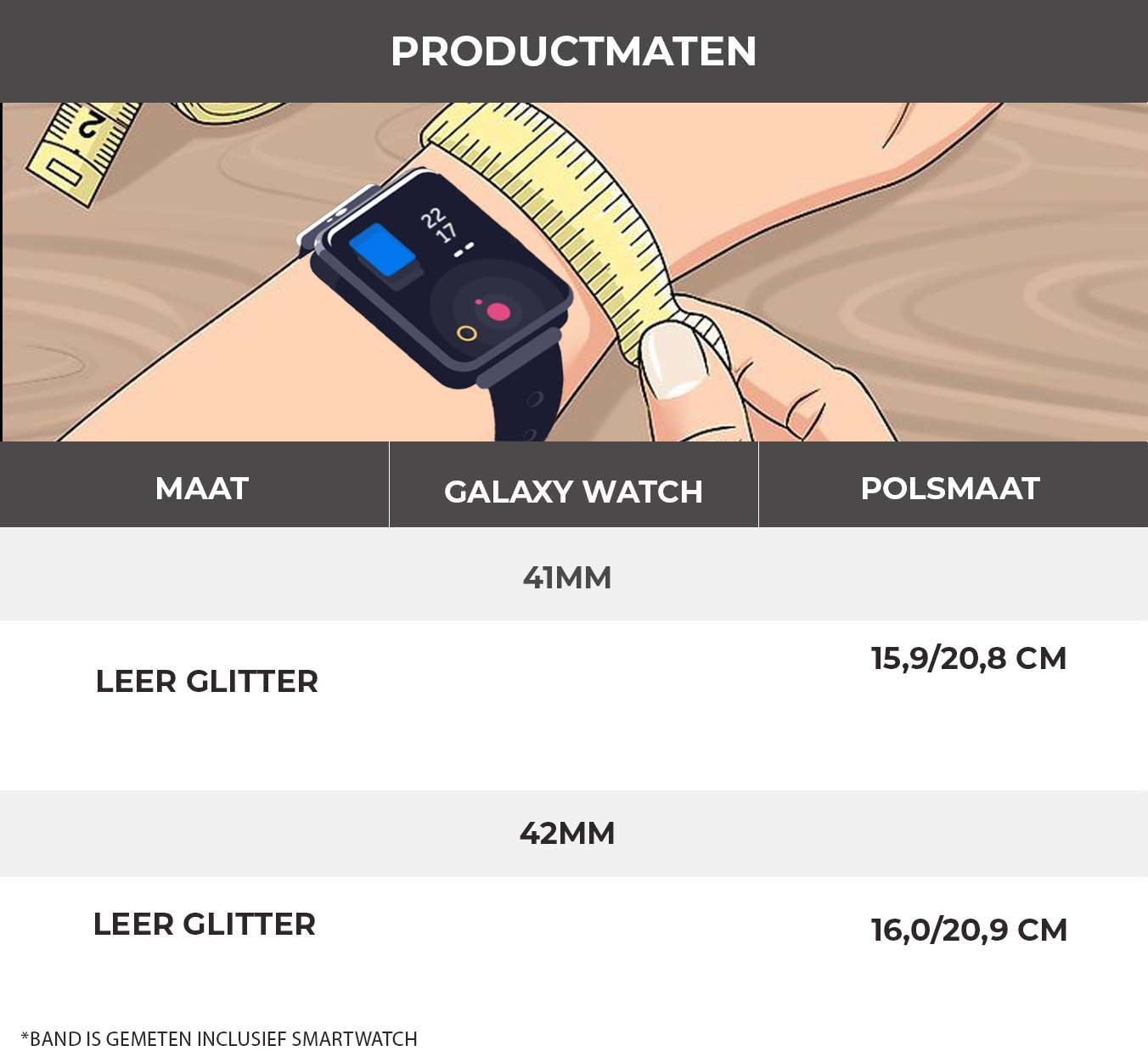 Eine grafische Darstellung zur Messung des Handgelenks für ein Smartwatch-Armband. Der Text ist auf Niederländisch.