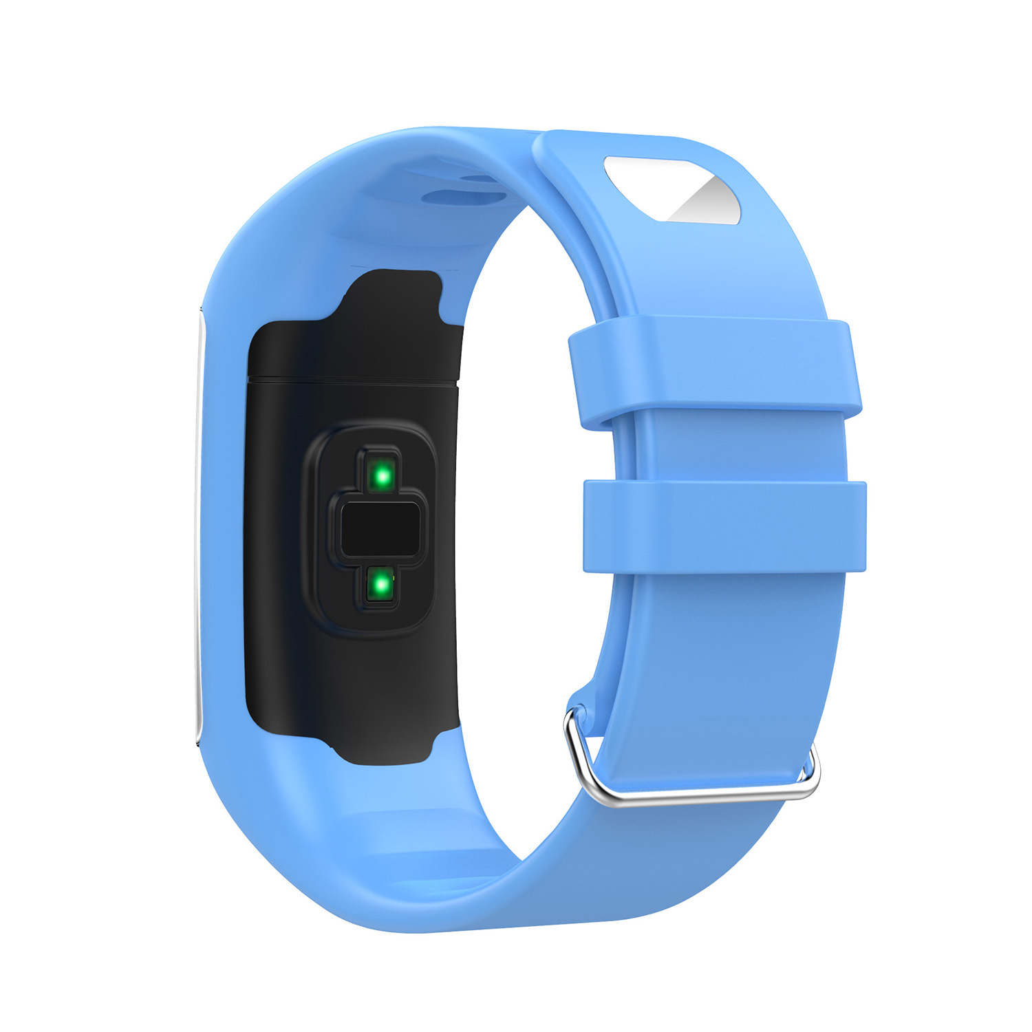 Ein blaues Fitness-Tracker-Armband mit grünen Lichtern und einem Metallverschluss. Es dient zur Herzfrequenzüberwachung.