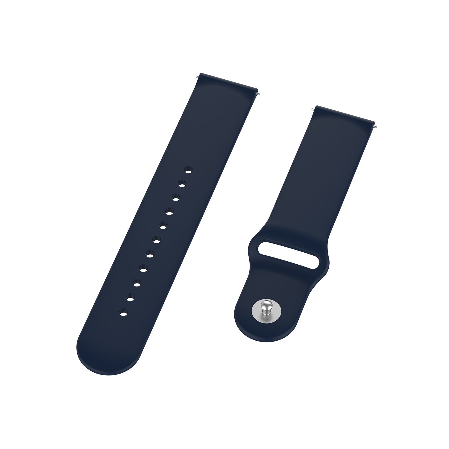 Zwei marineblaue Uhrenarmbänder. Eines mit Löchern, das andere mit einem Verschluss. Weißer Hintergrund.