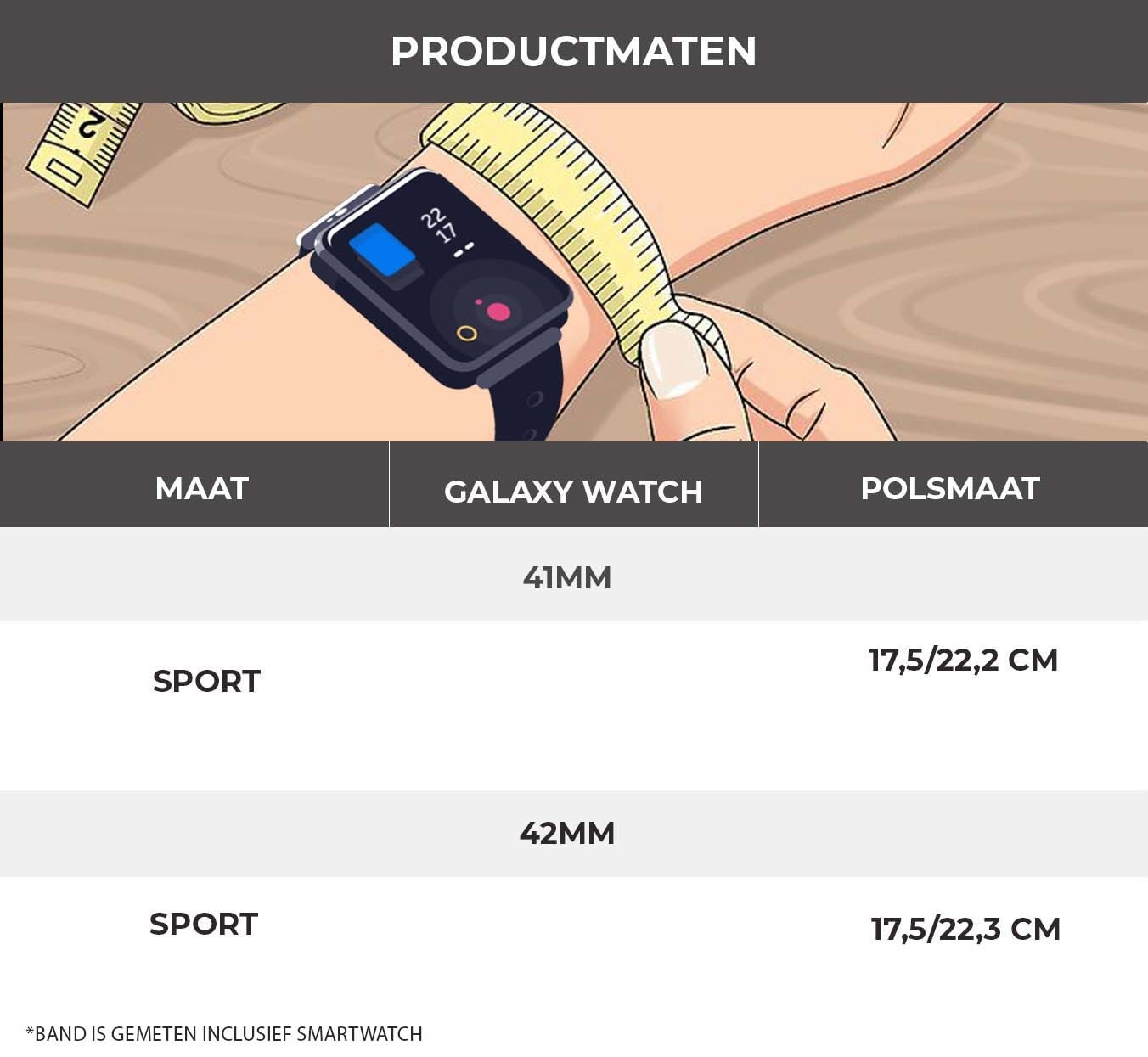 Hand mit Uhr, misst Handgelenkgröße. Text zeigt 41mm und 42mm mit verschiedenen Bandgrößen.