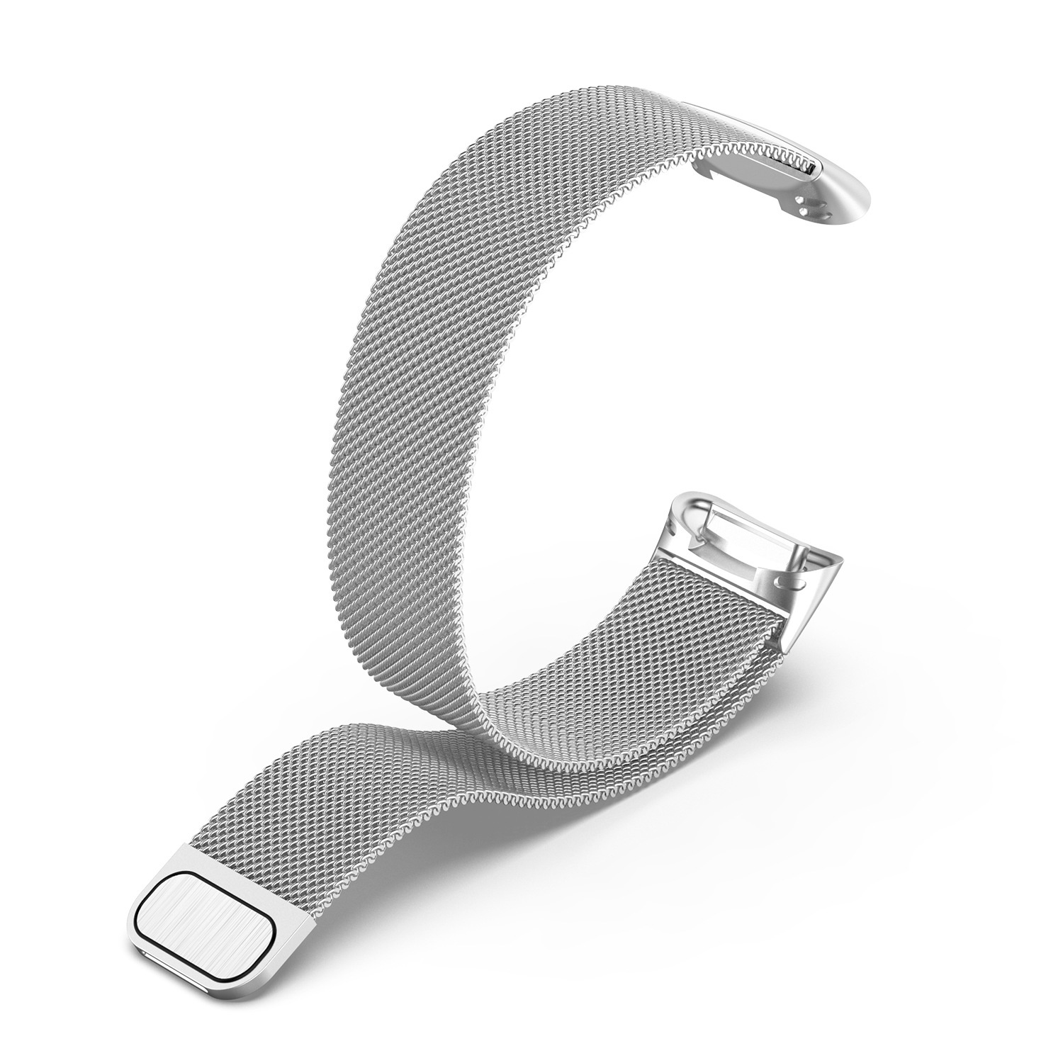Ein silbernes, gebogenes Uhrenarmband aus feinem Mesh.