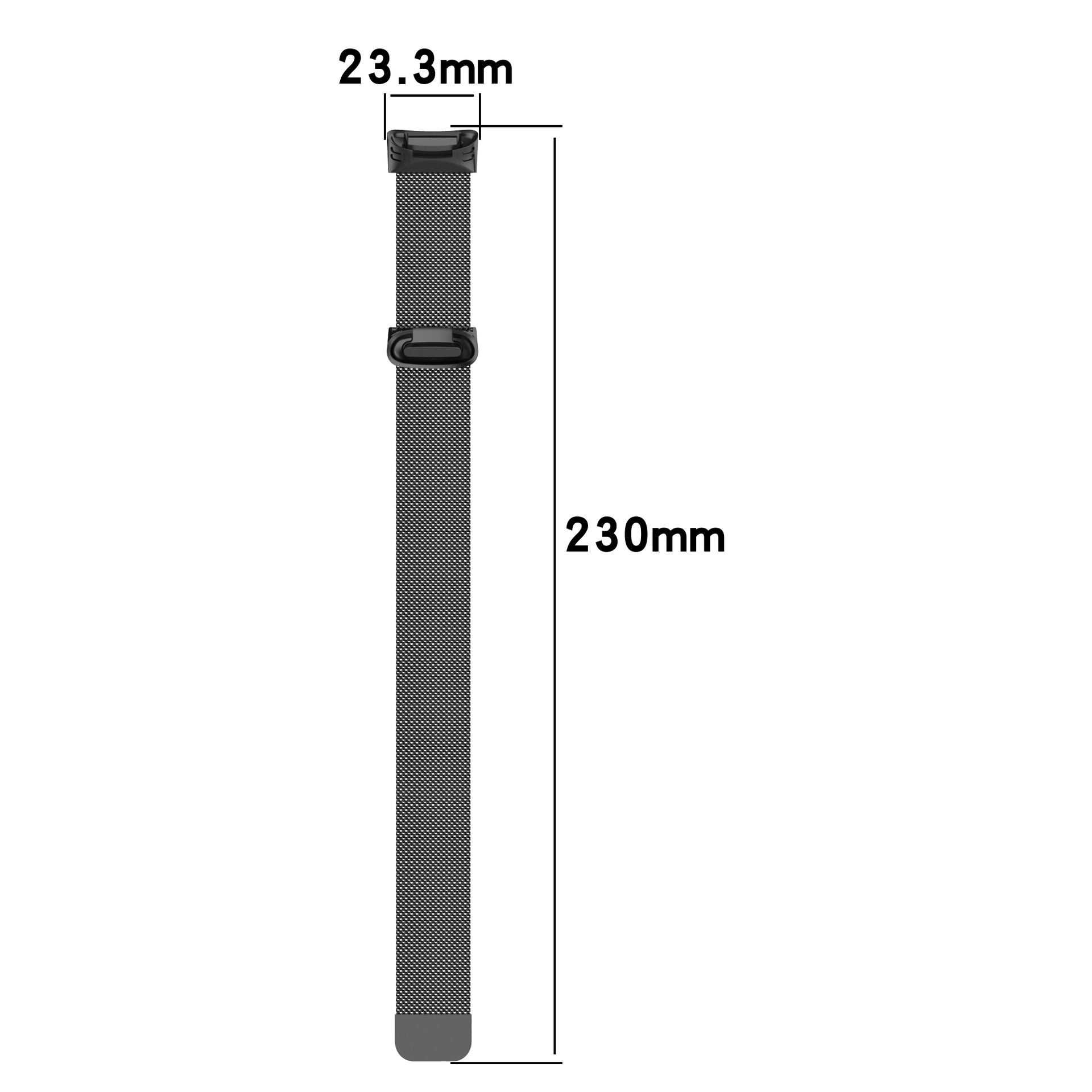 Schwarzes Metall-Mesh-Uhrenarmband mit Maßen in Millimetern. Das Band ist 230 mm lang und 23,3 mm breit.