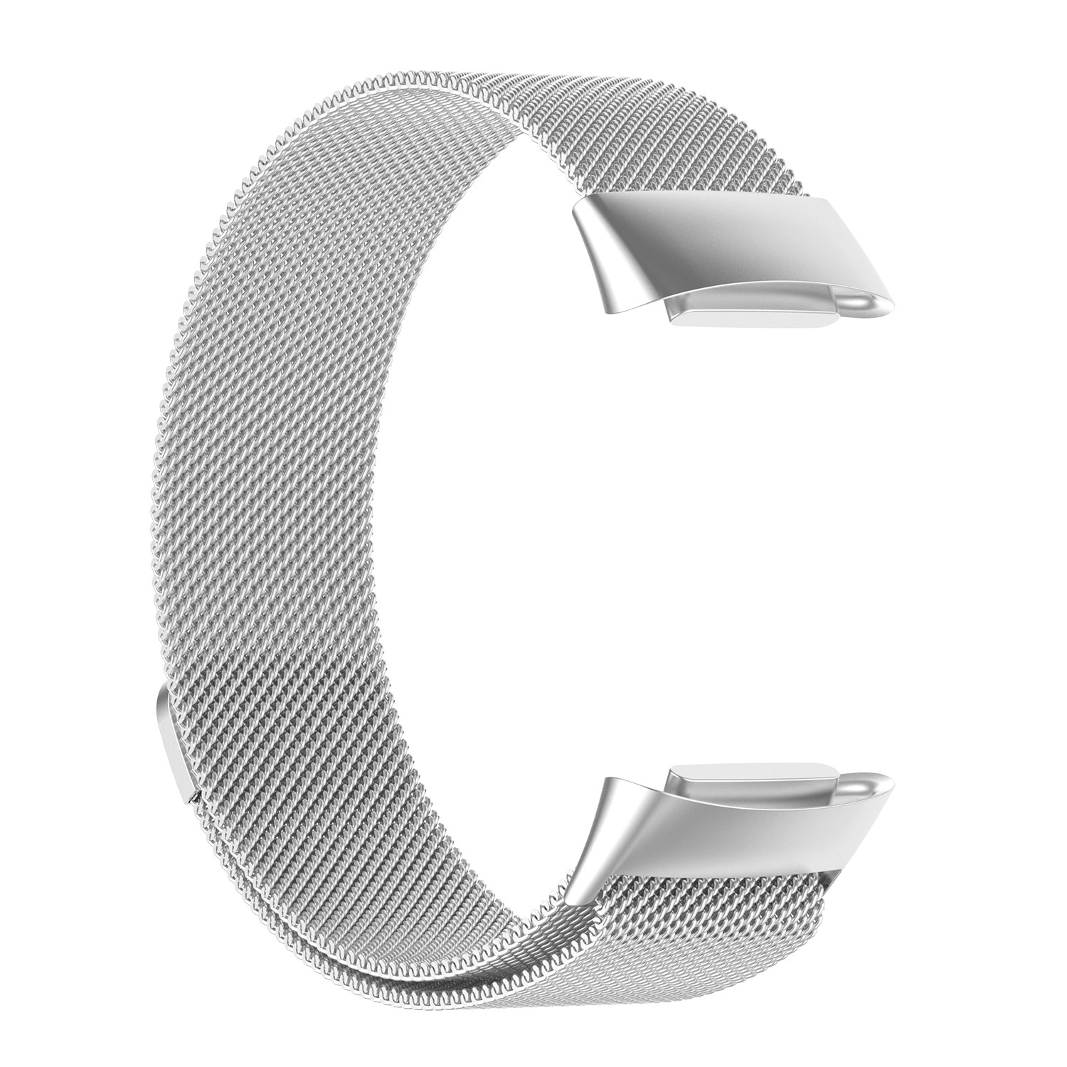 Silbernes Edelstahl-Uhrenarmband. Mesh-Design mit zwei Verschlüssen auf weißem Hintergrund.