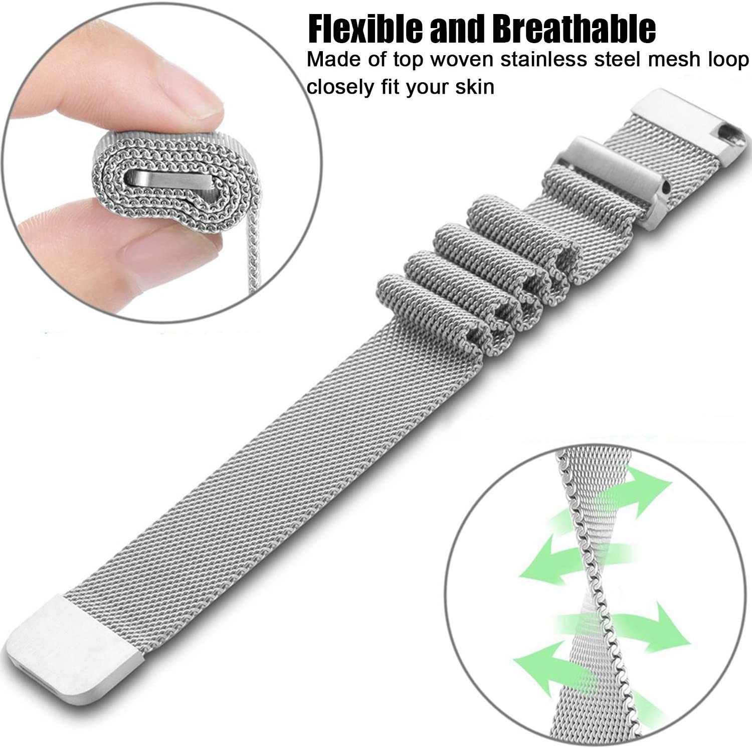 Silbernes Uhrenarmband mit Mesh-Design. Weißer Hintergrund.