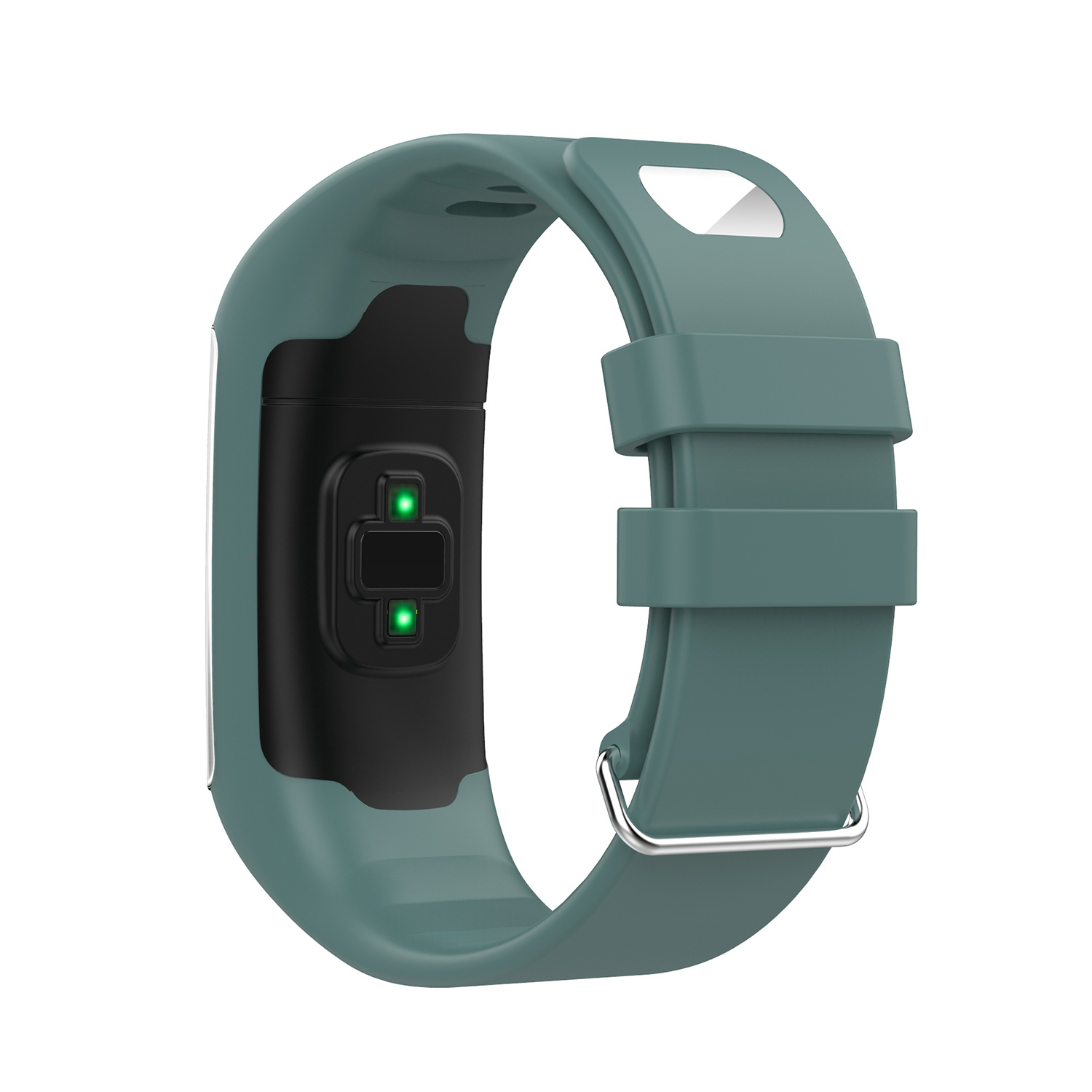 Grünes Fitness-Tracker-Armband mit schwarzem Sensor und Metallverschluss.