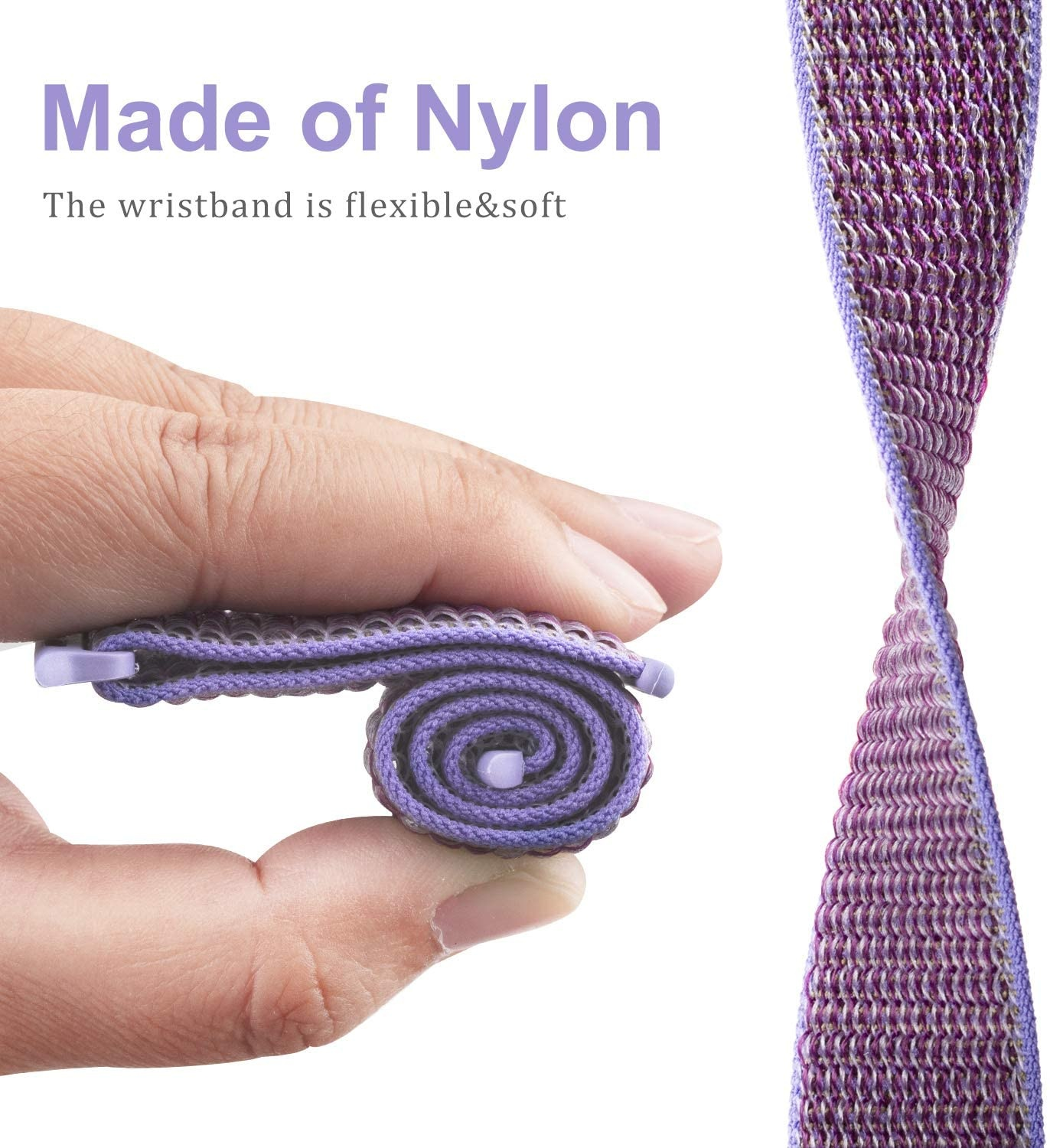 Eine Hand, die ein aufgerolltes lila Uhrenarmband hält. Text sagt 'Made of Nylon'. Das Armband ist lila und weiß.