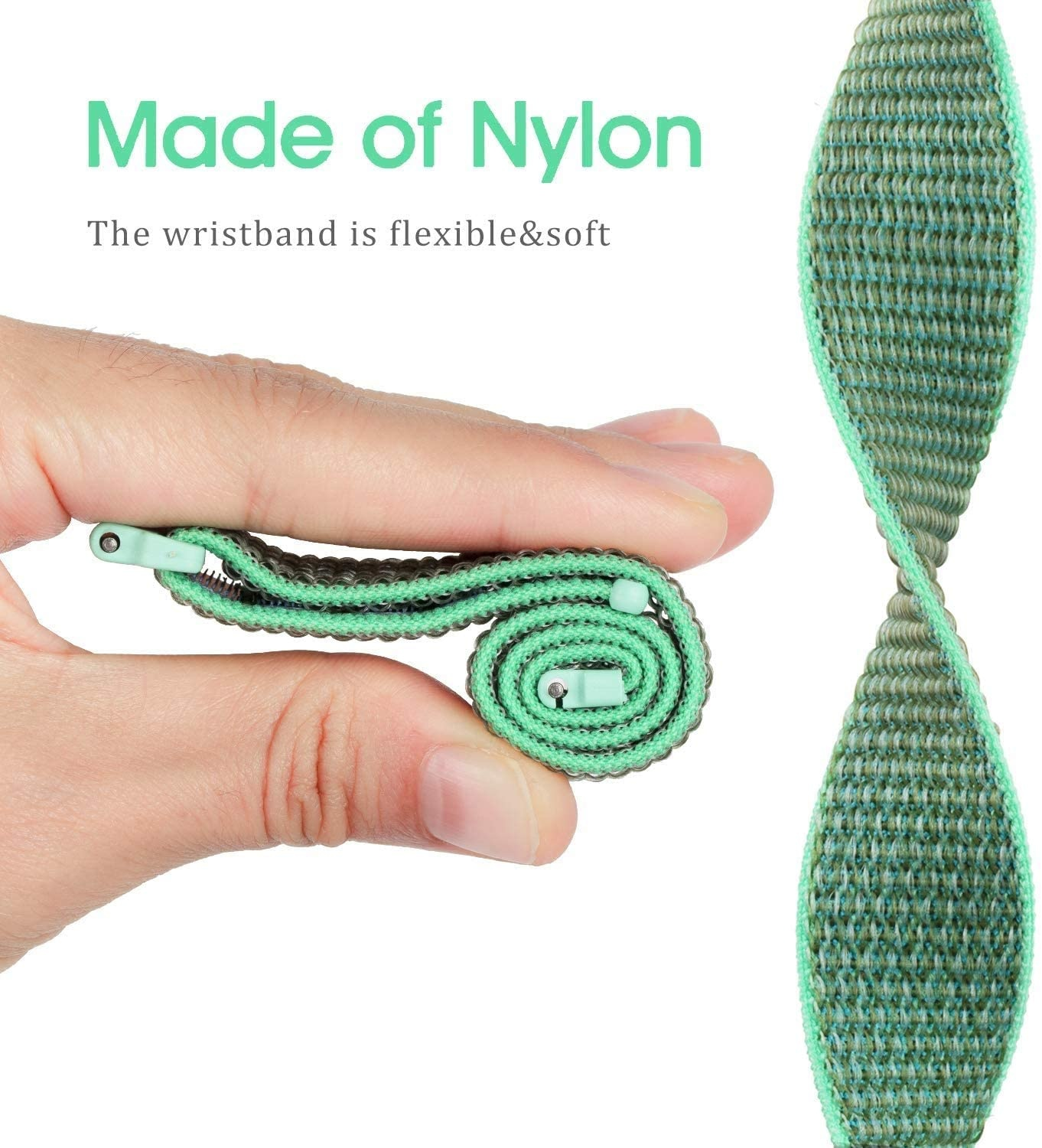 Hand hält ein aufgerolltes grünes und graues Nylon-Uhrenarmband. Das Band ist flexibel und weich.