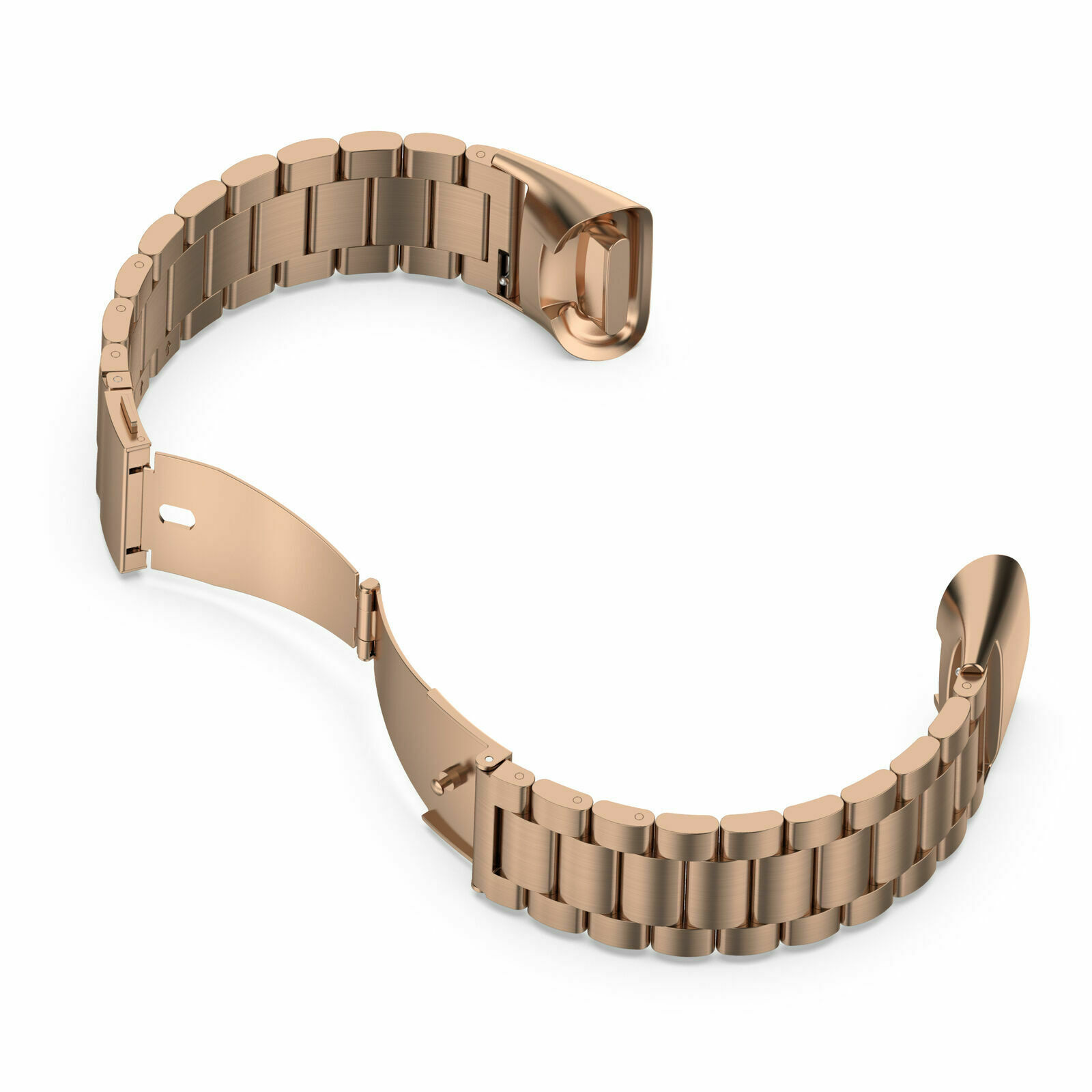Roségoldenes Uhrenarmband, abgenommen. Es hat einen offenen Verschluss und besteht aus Metallgliedern.
