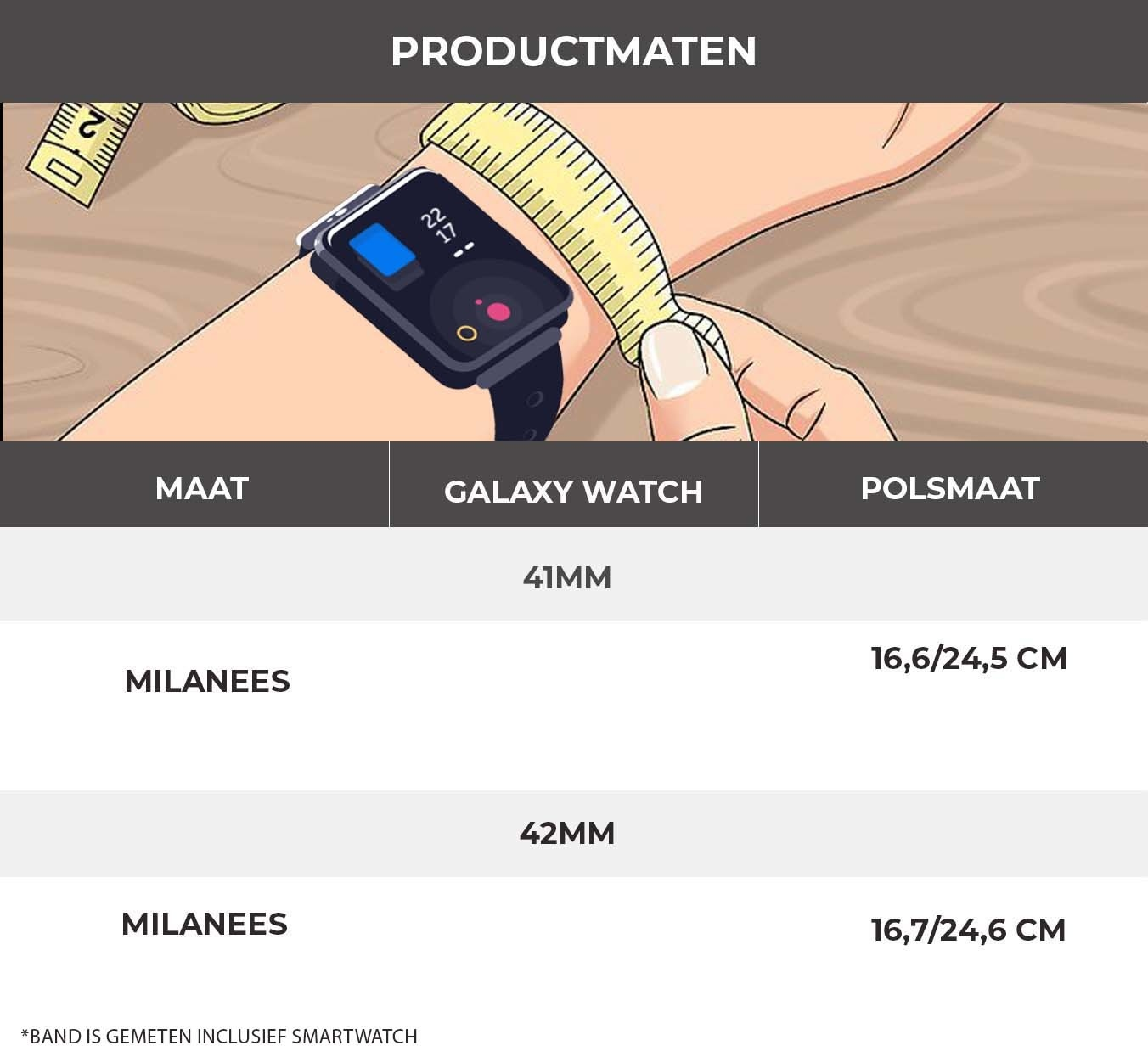 Illustration, die zeigt, wie eine Smartwatch mit einem Maßband am Handgelenk gemessen wird. Produktgrößentabelle.