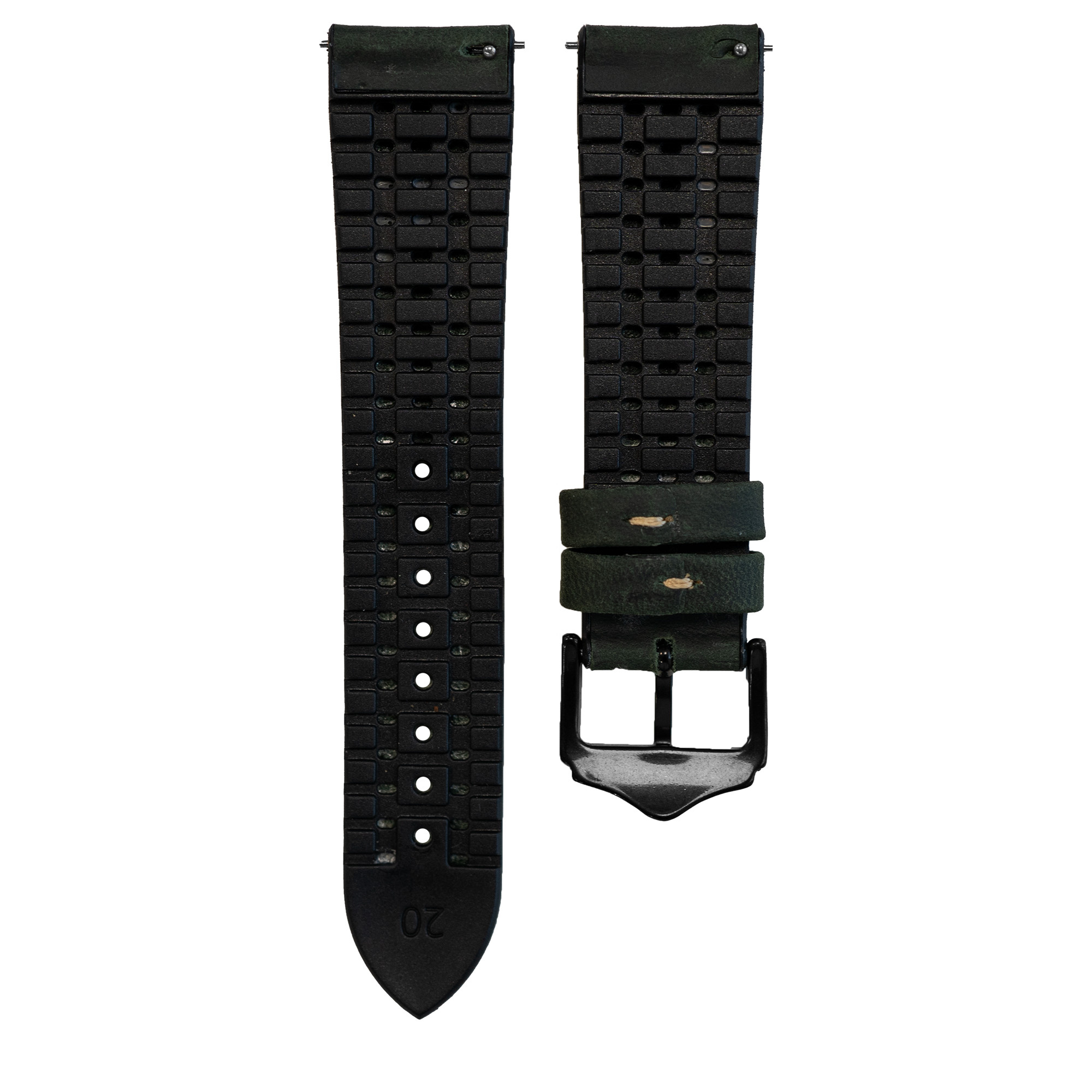 Schwarze Uhrenarmbänder mit strukturierter Oberfläche und Schnalle.