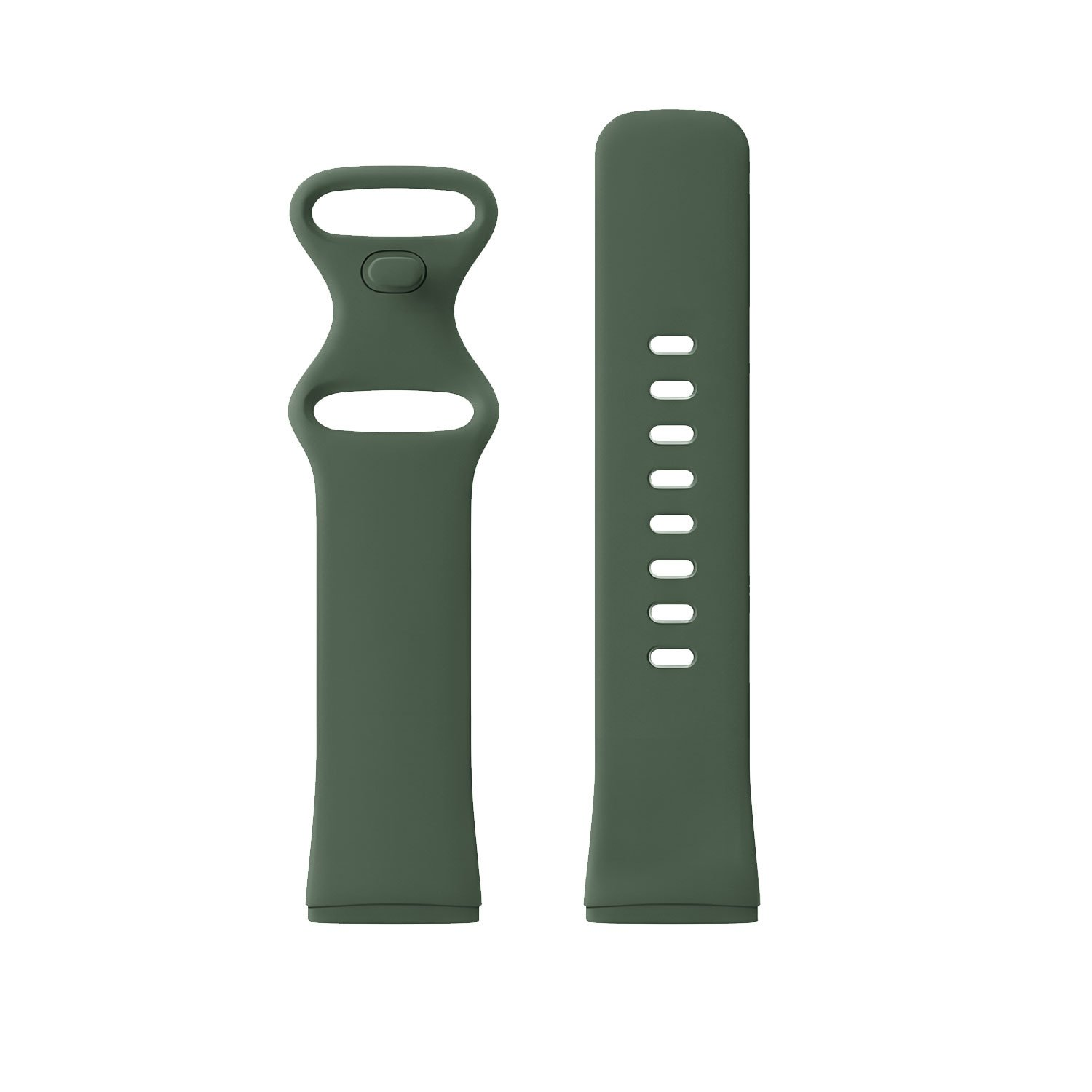 Zwei olivgrüne Uhrenarmbänder. Eines hat Löcher, das andere einen Verschluss.
