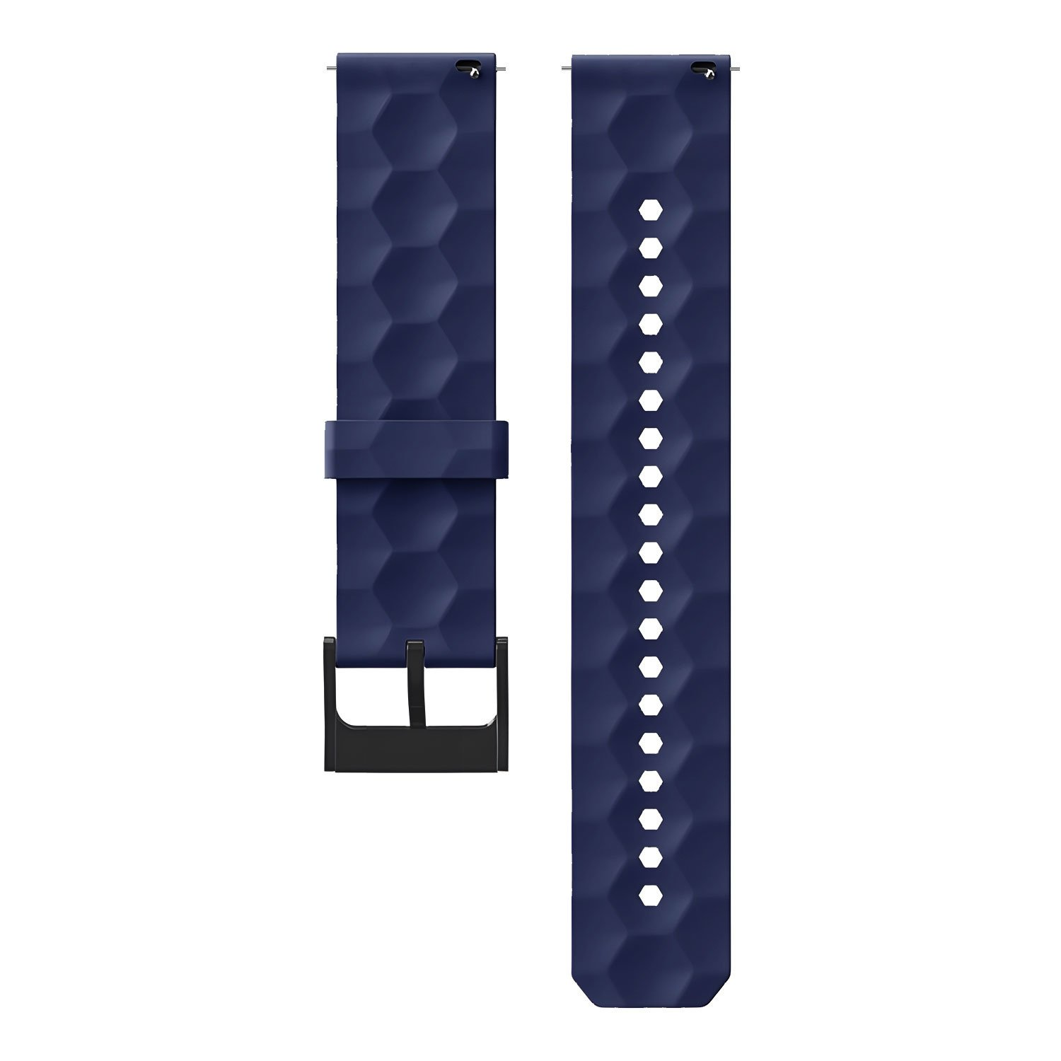 Zwei marineblaue Smartwatch-Armbänder. Eines mit Löchern, eines mit Verschluss.