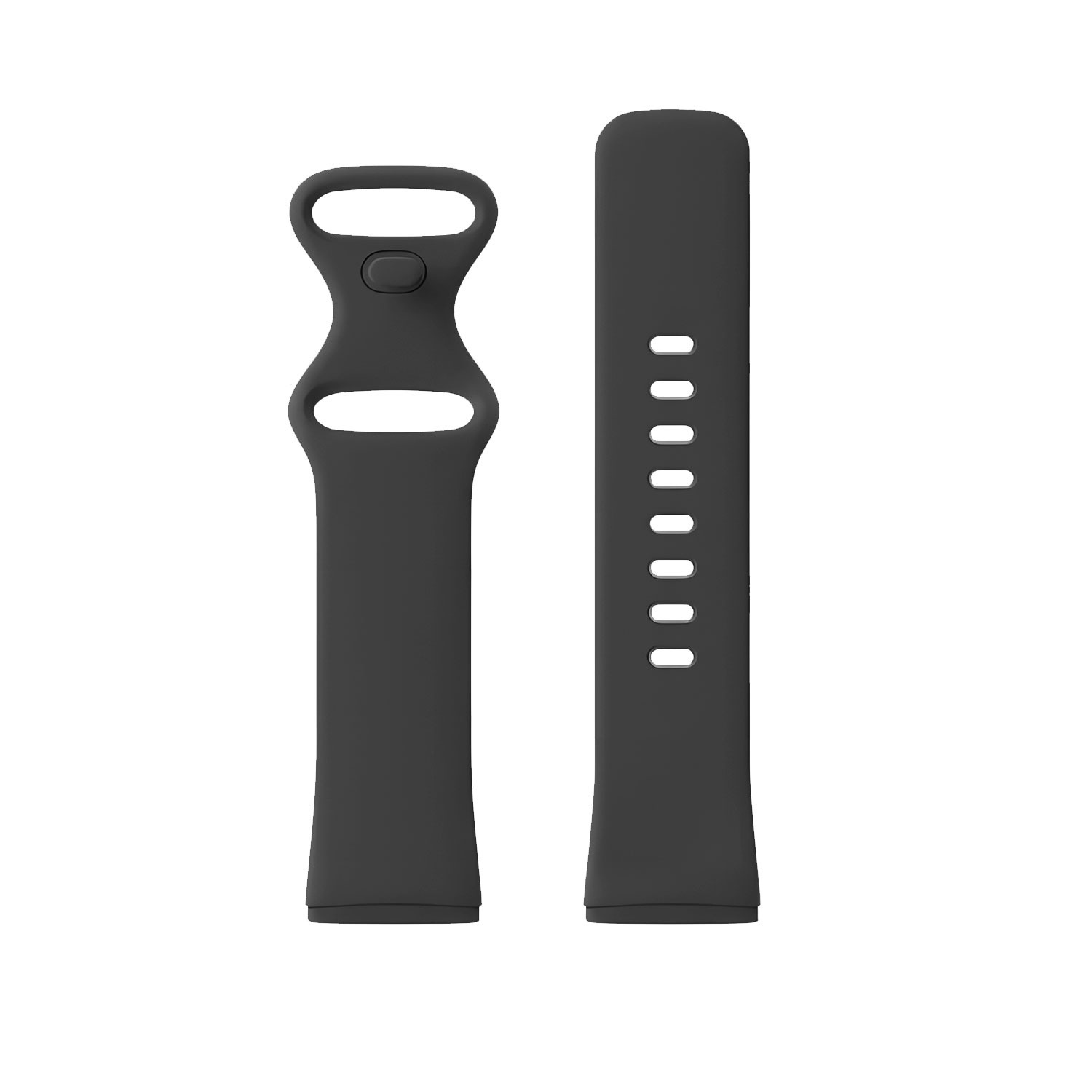 Zwei schwarze Smartwatch-Armbänder, eines mit Löchern, das andere mit Verschluss, vor weißem Hintergrund.