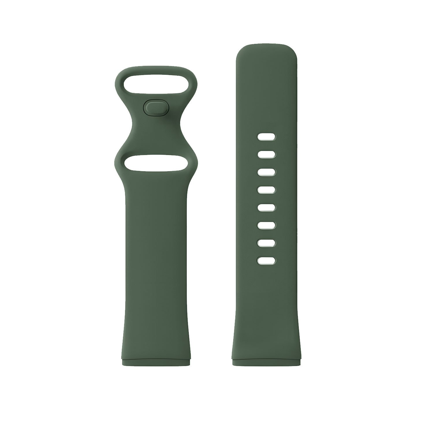 Zweiteiliges olivgrünes Uhrenarmband mit einem Knopf und Löchern.