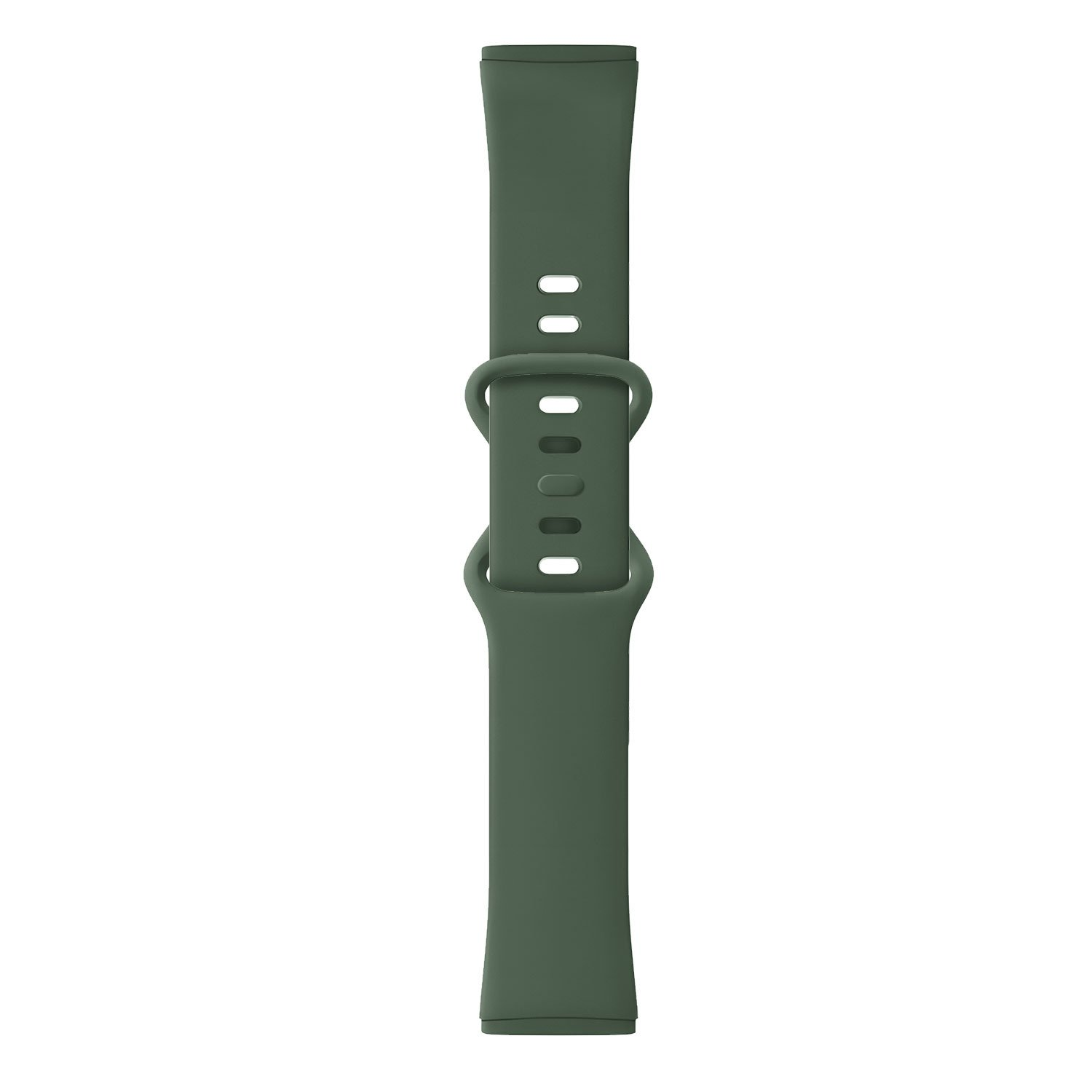 Olivgrünes Uhrenarmband. Es hat eine Schnalle und eine Reihe von Löchern. Es gibt zwei Bänder.