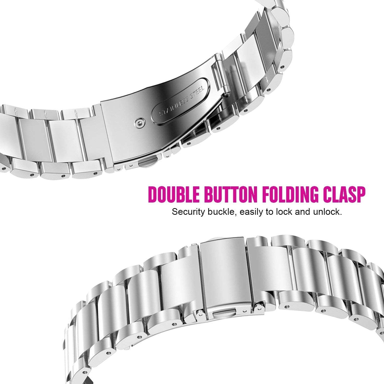 Nahaufnahme einer silbernen Uhrenarmbandschließe, Text: DOPPELKNOPF-FALTSCHLIESSE.