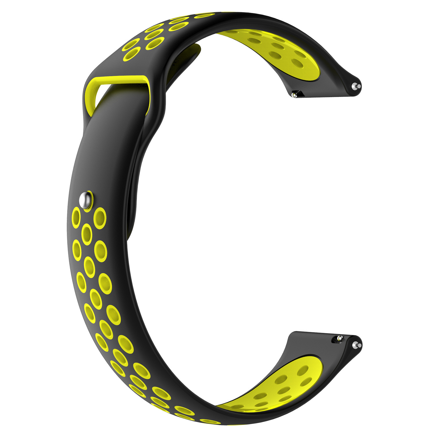 Ein schwarzes Uhrenarmband mit gelben Akzenten und Perforationen.