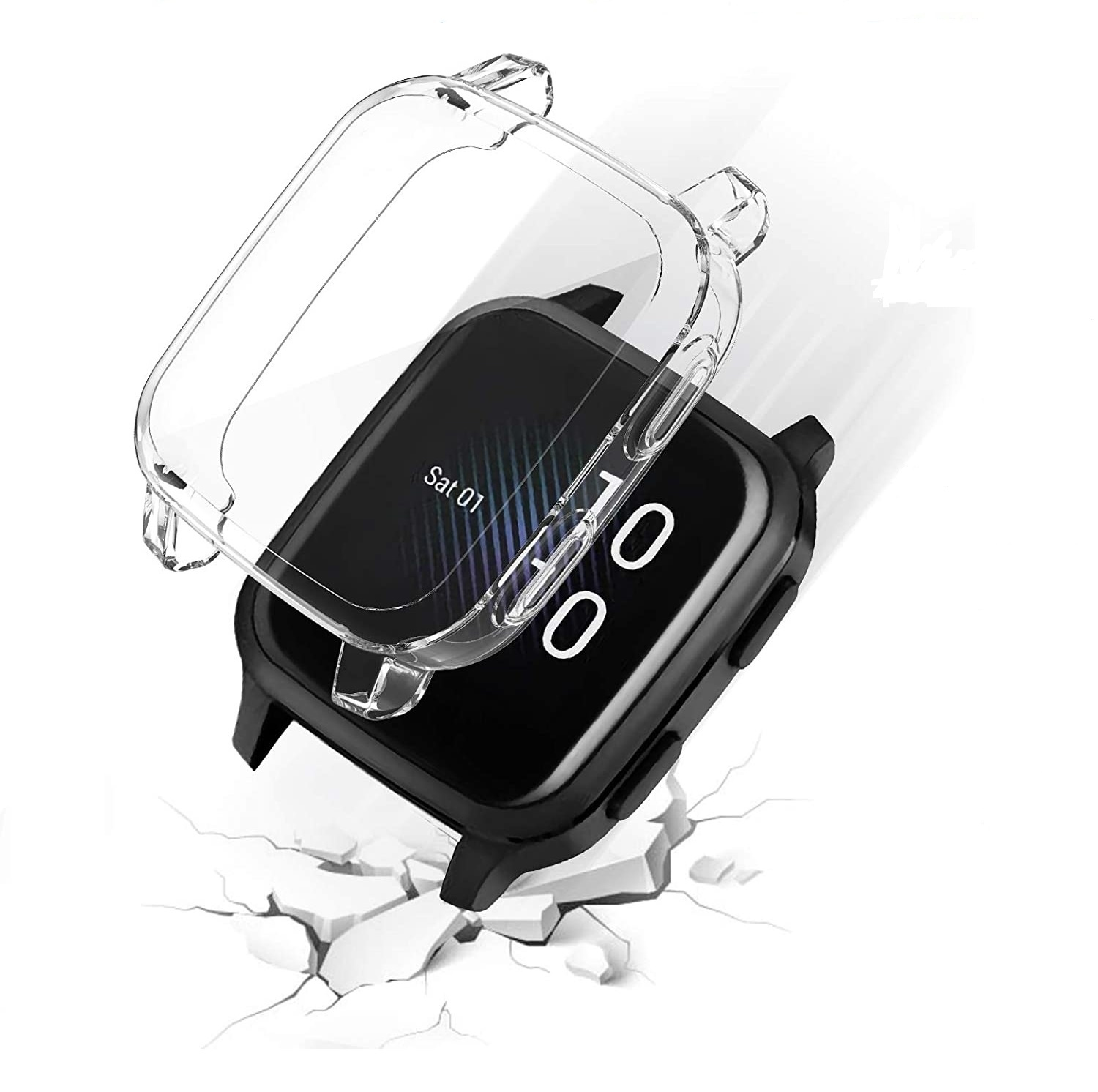 Schwarze Smartwatch in einer durchsichtigen Schutzhülle. Der Bildschirm zeigt 'Sat 01'.