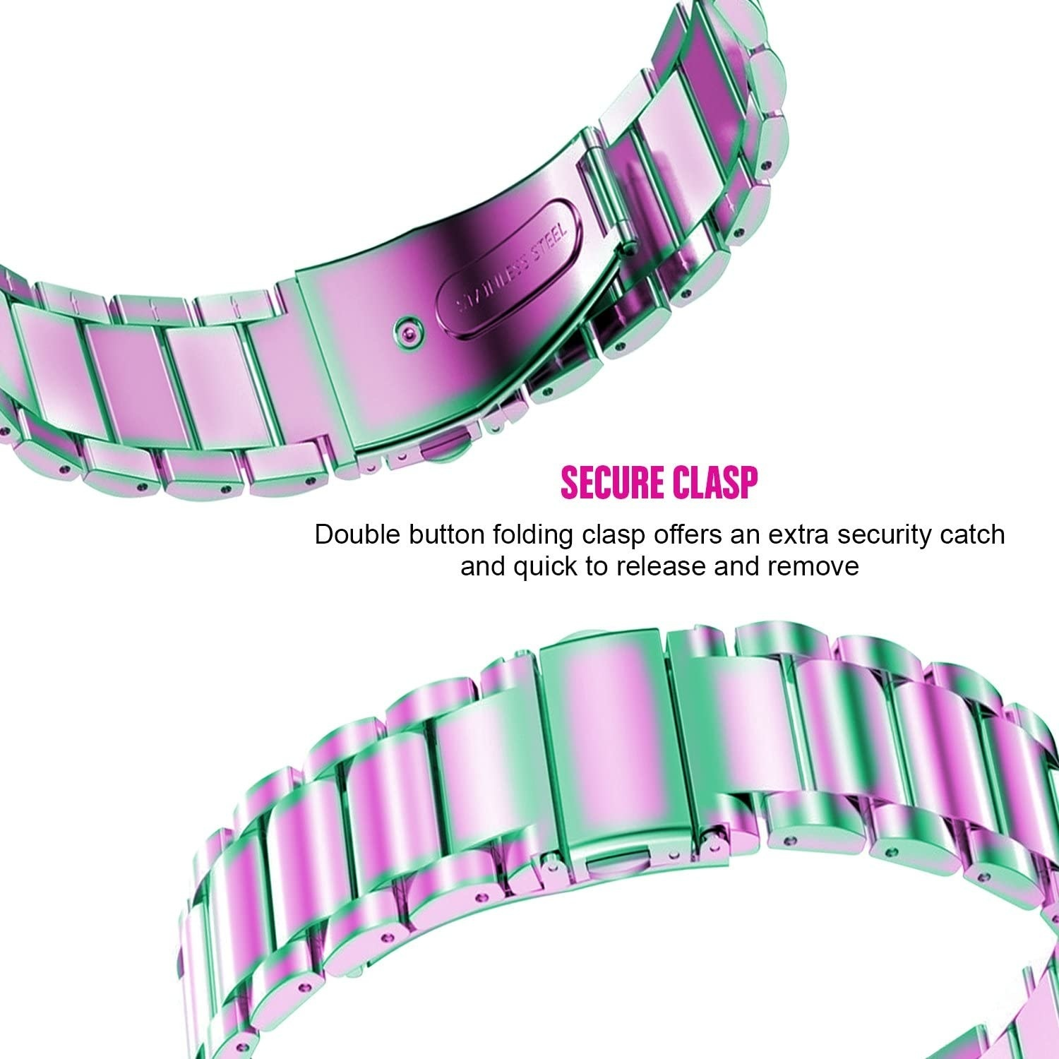 Ein Uhrenarmband mit rosa und grünem Farbverlauf. Es gibt Text, der sicheren Verschluss sagt.