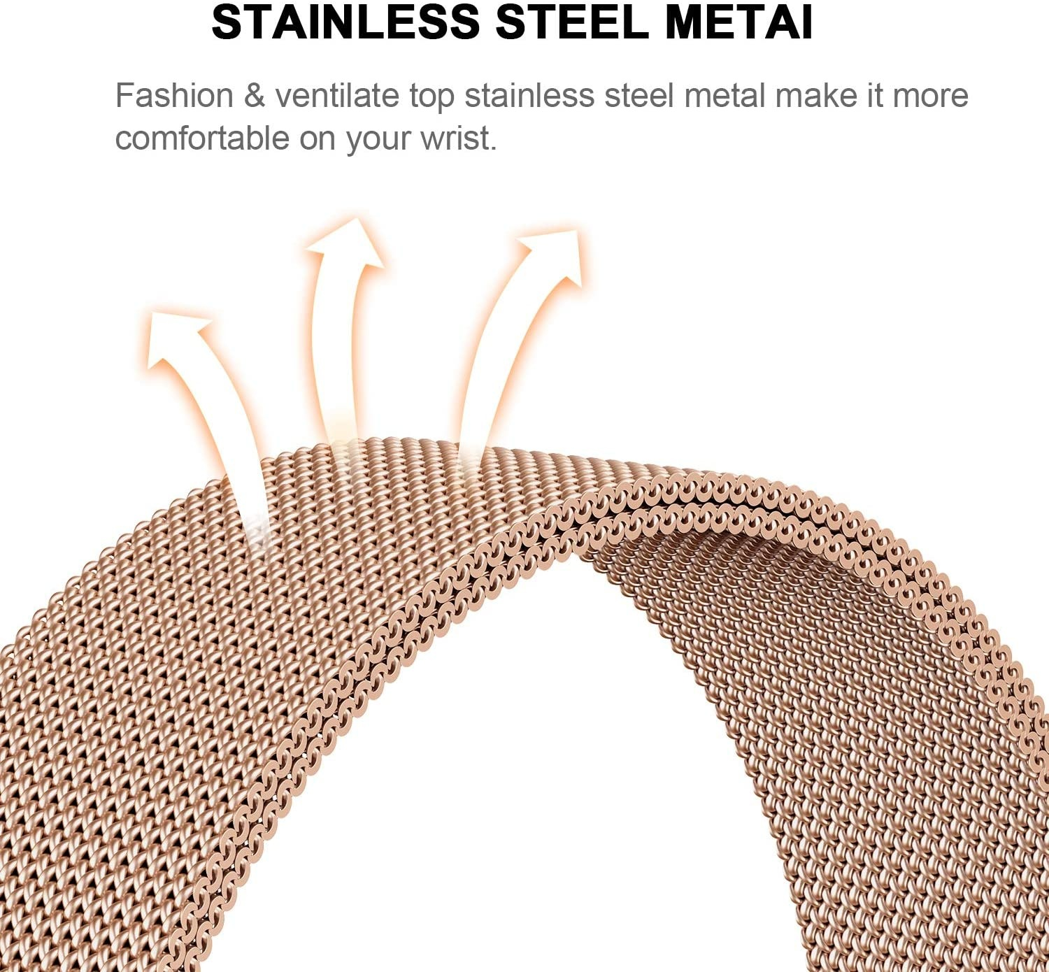 Nahaufnahme eines Uhrenarmbands mit Metallgeflecht und Text: Edelstahl Metai.