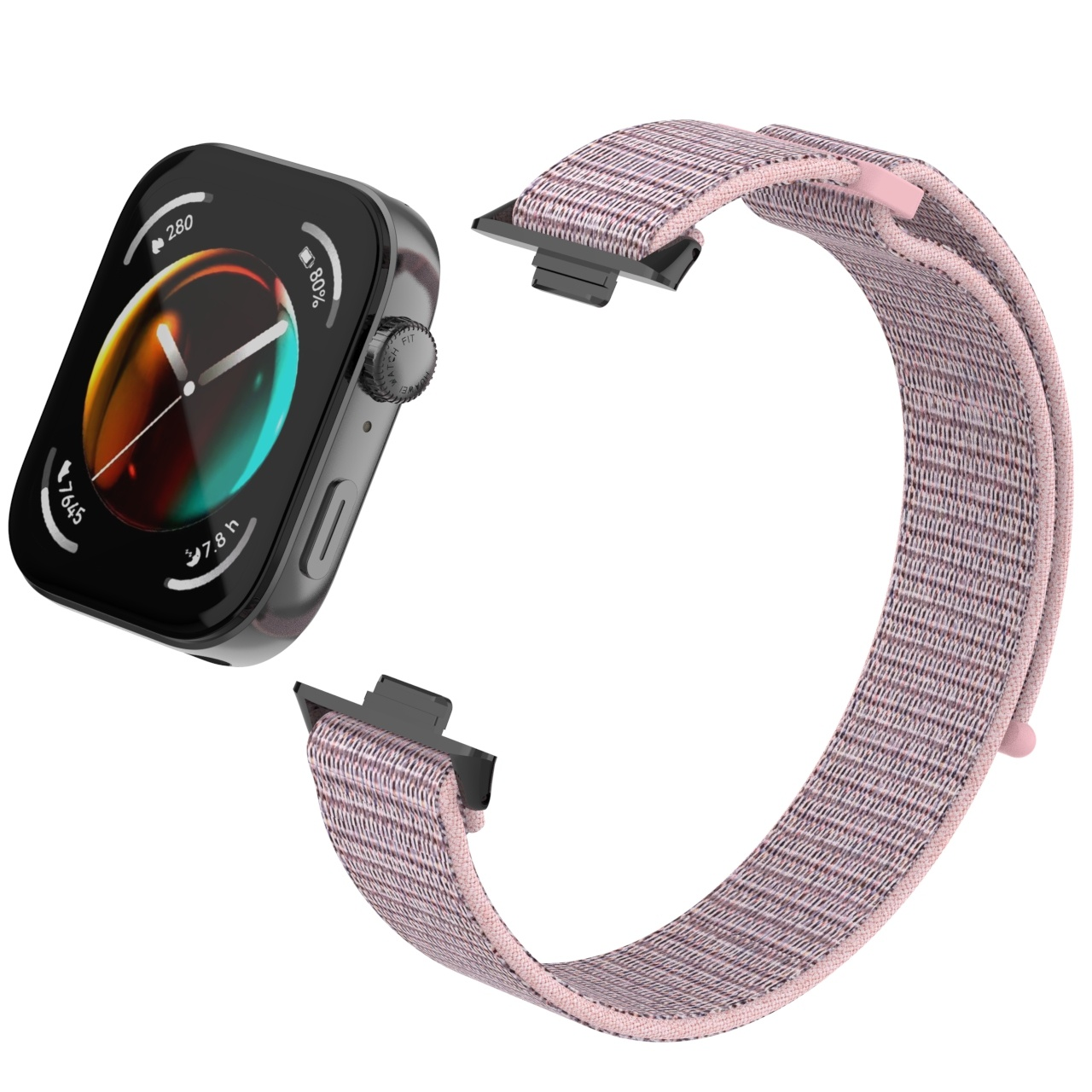 Smartwatch mit pink-weißem Armband und schwarzem Bildschirm.