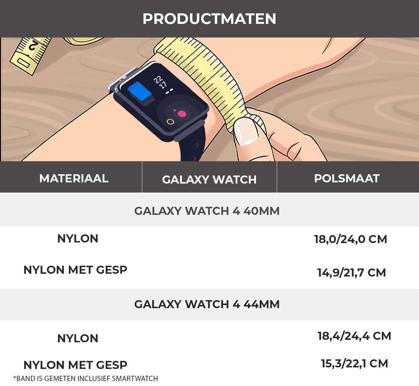 Das Bild zeigt Produktmaße mit einem Arm, der eine Uhr und ein Maßband hält.