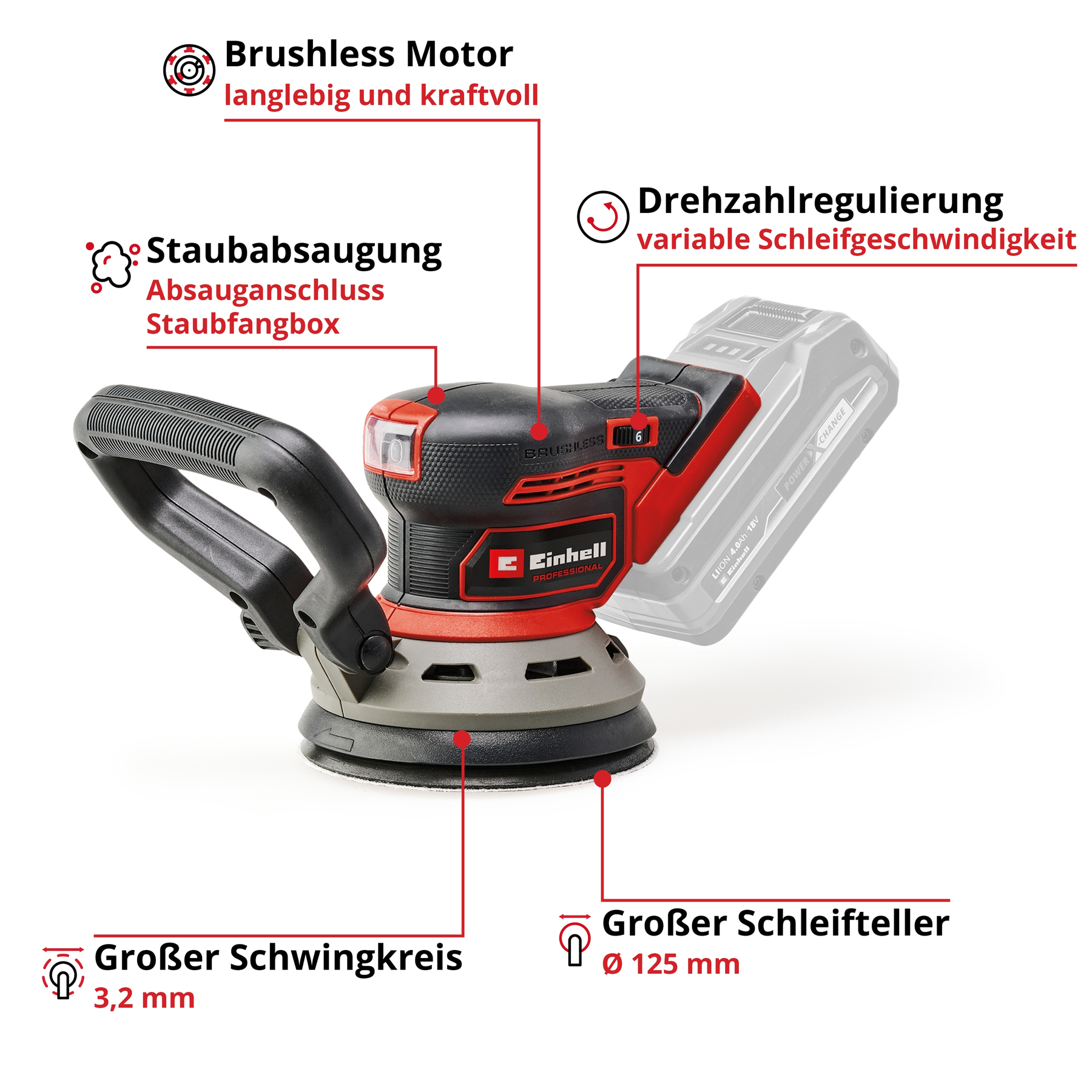 Ein roter und schwarzer Schleifer mit Textetiketten. Rechts befindet sich ein Akku. Weißer Hintergrund.