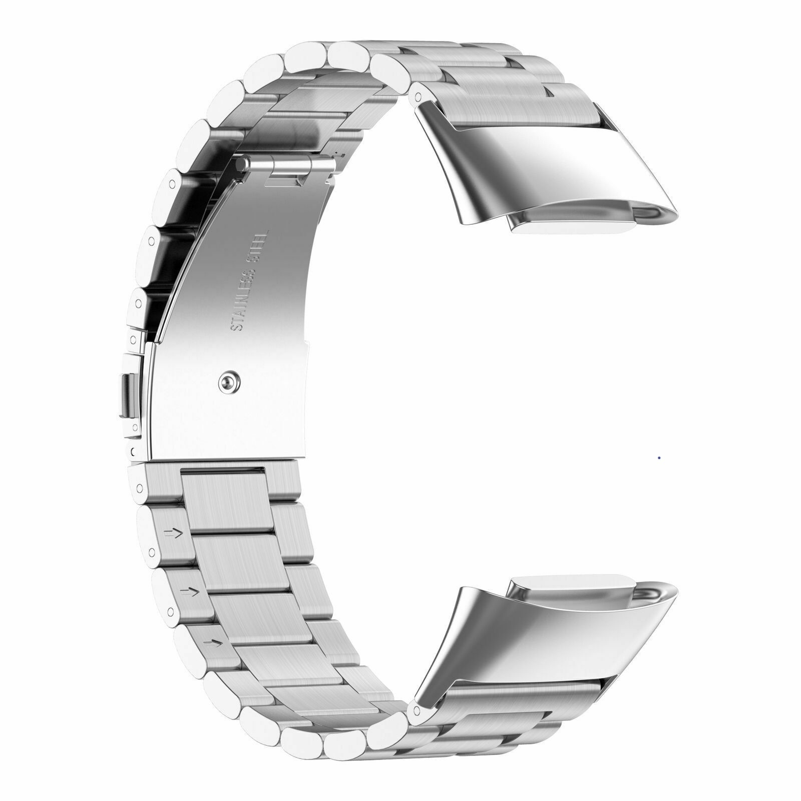 Silbernes Uhrenarmband mit Edelstahlverschluss. Weißer Hintergrund.