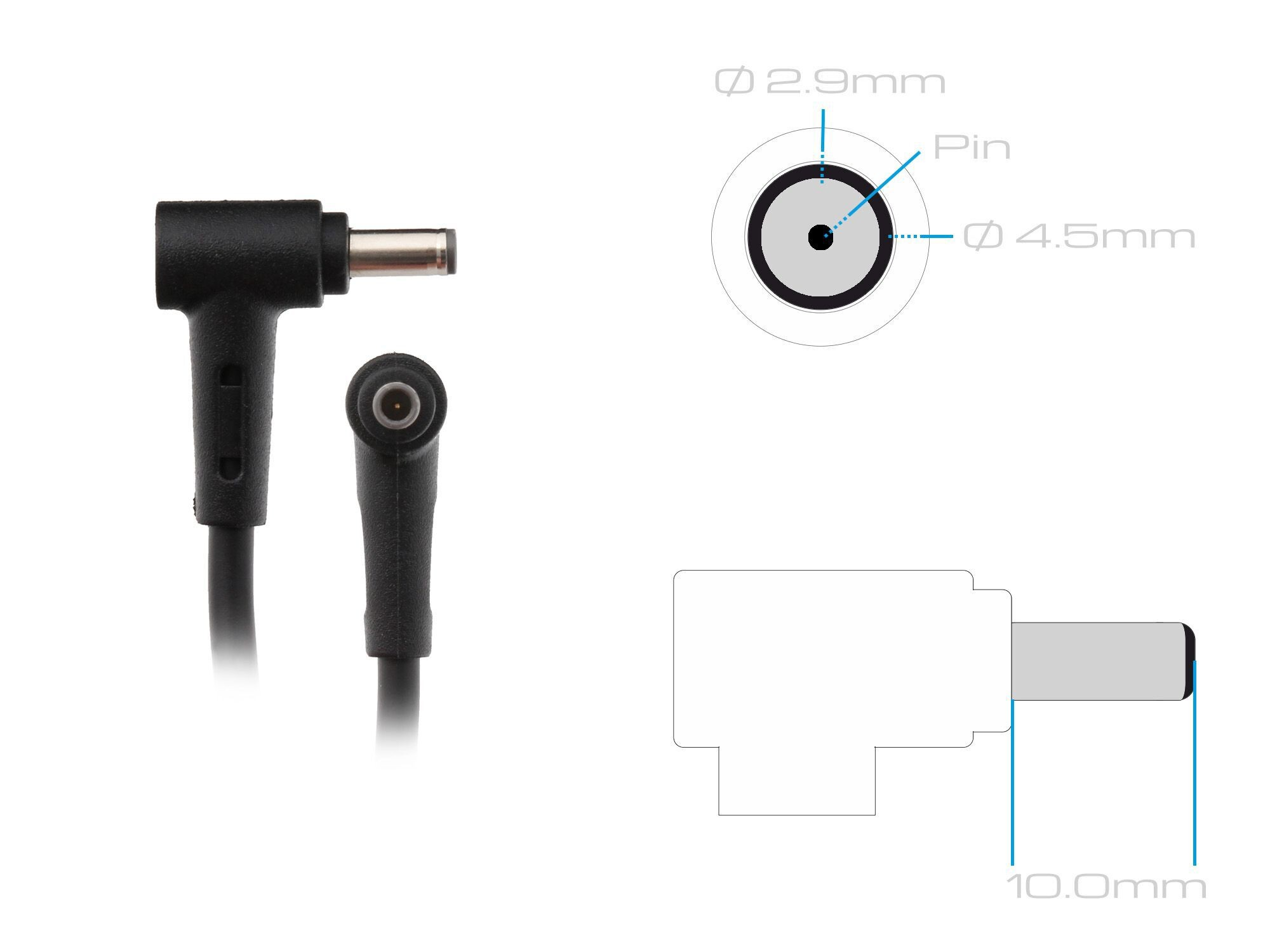 Diagramm eines Laptop-Netzteil-Anschlusses. Zeigt 2 Ansichten und Messungen des Anschlusses.