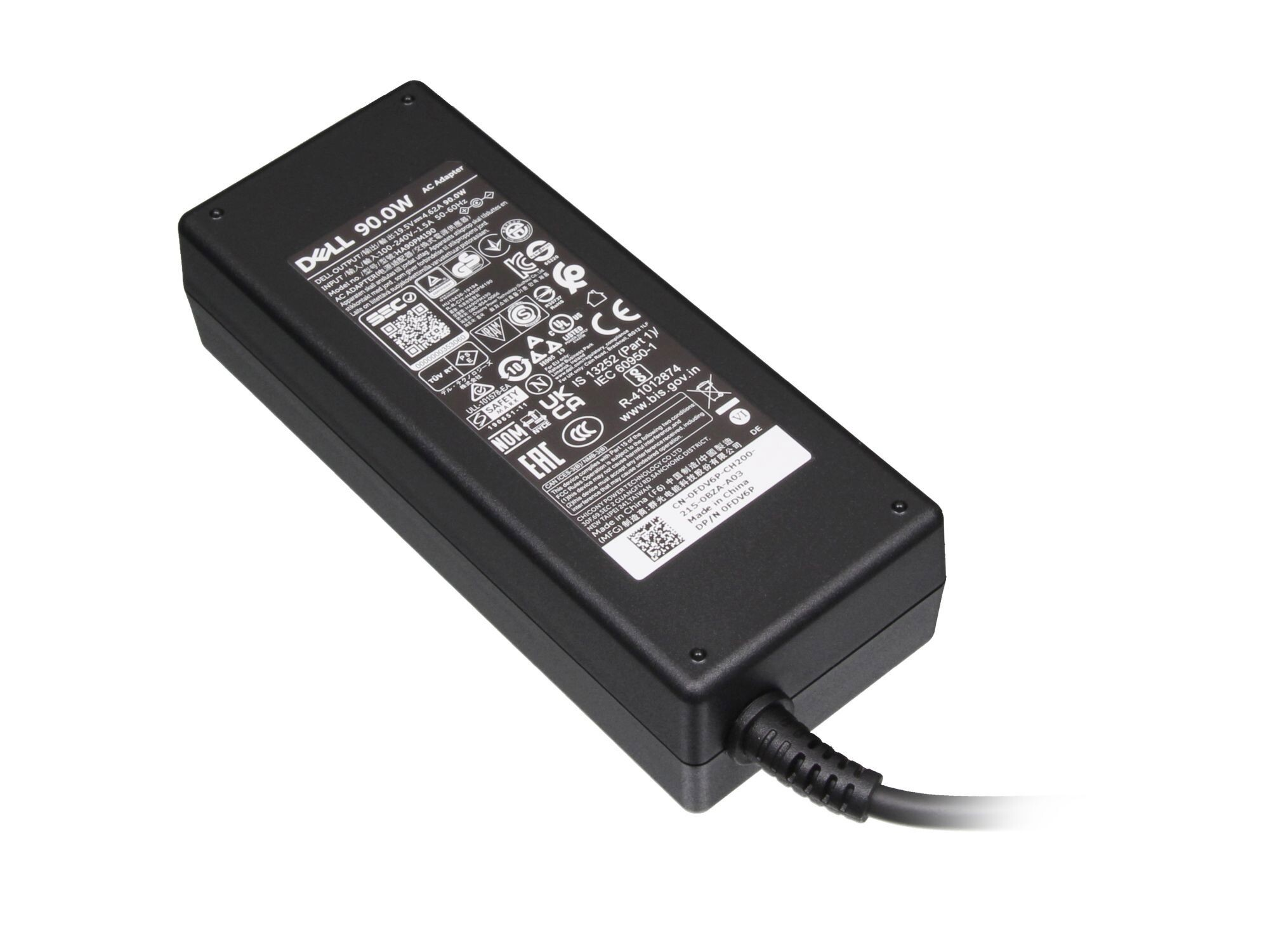 Schwarzes Dell-Netzteil mit Etiketten und Netzkabel. Der Adapter ist rechteckig. Dell-Logo sichtbar.