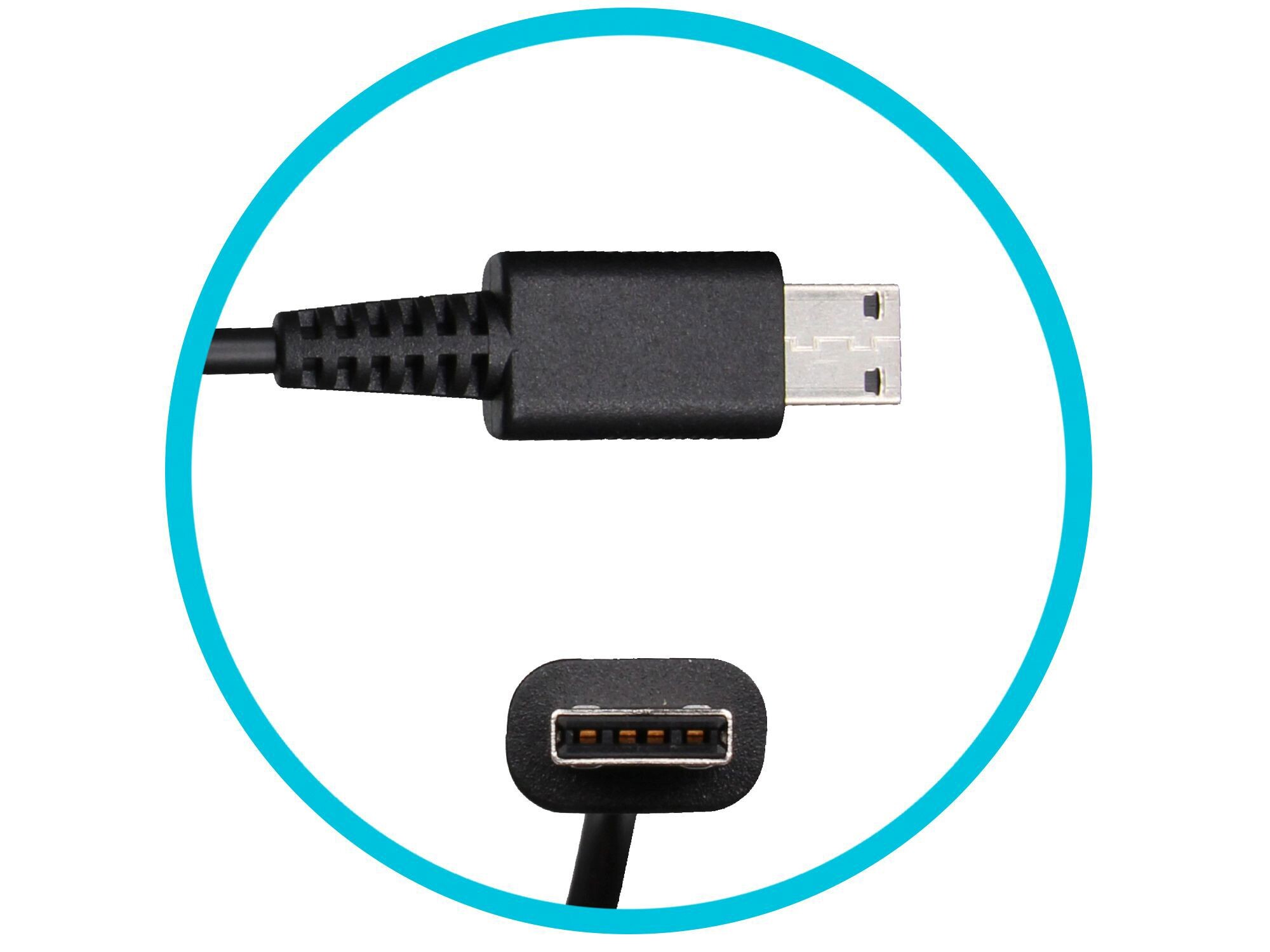 Nahaufnahme eines schwarzen USB-zu-Micro-USB-Kabels. Die Anschlüsse sind vor einem einfachen Hintergrund sichtbar.