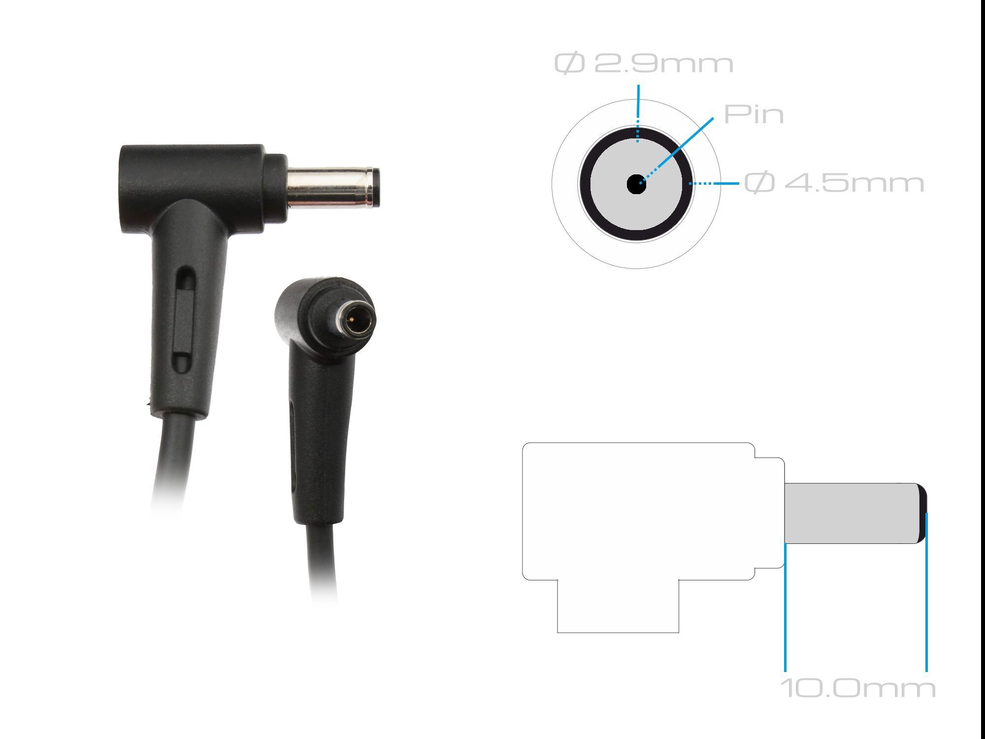 Schwarzer Netzadapter mit zwei Winkeln, mit Diagramm des Stifts.