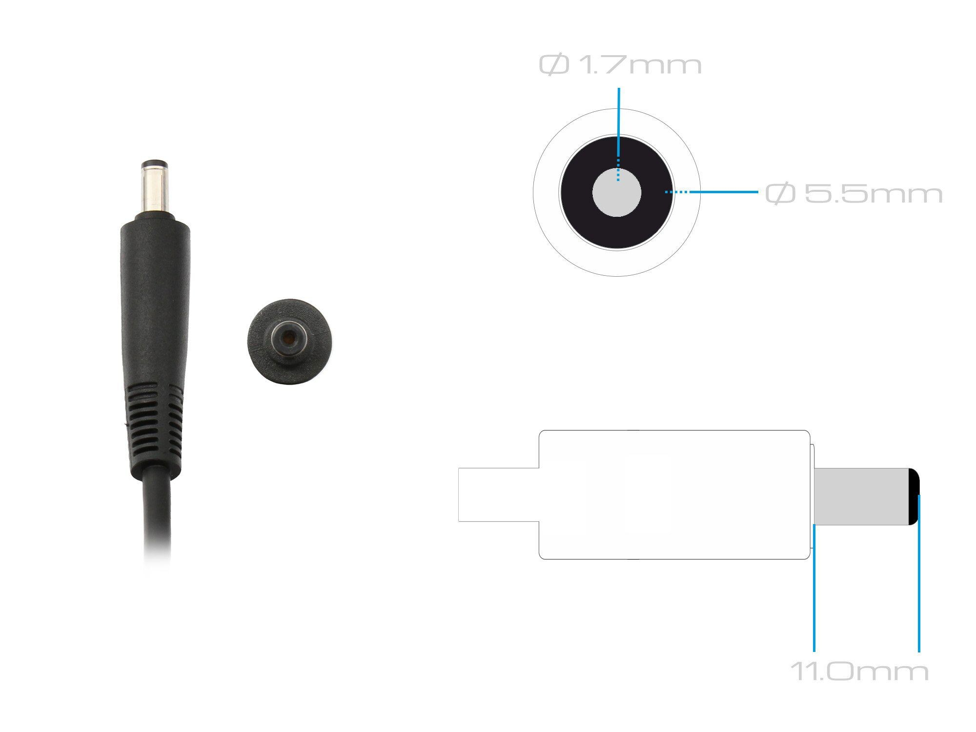 Ein Diagramm eines Laptop-Netzkabels. Das Netzkabel hat ein schwarzes Kabel und einen zylindrischen Stecker.