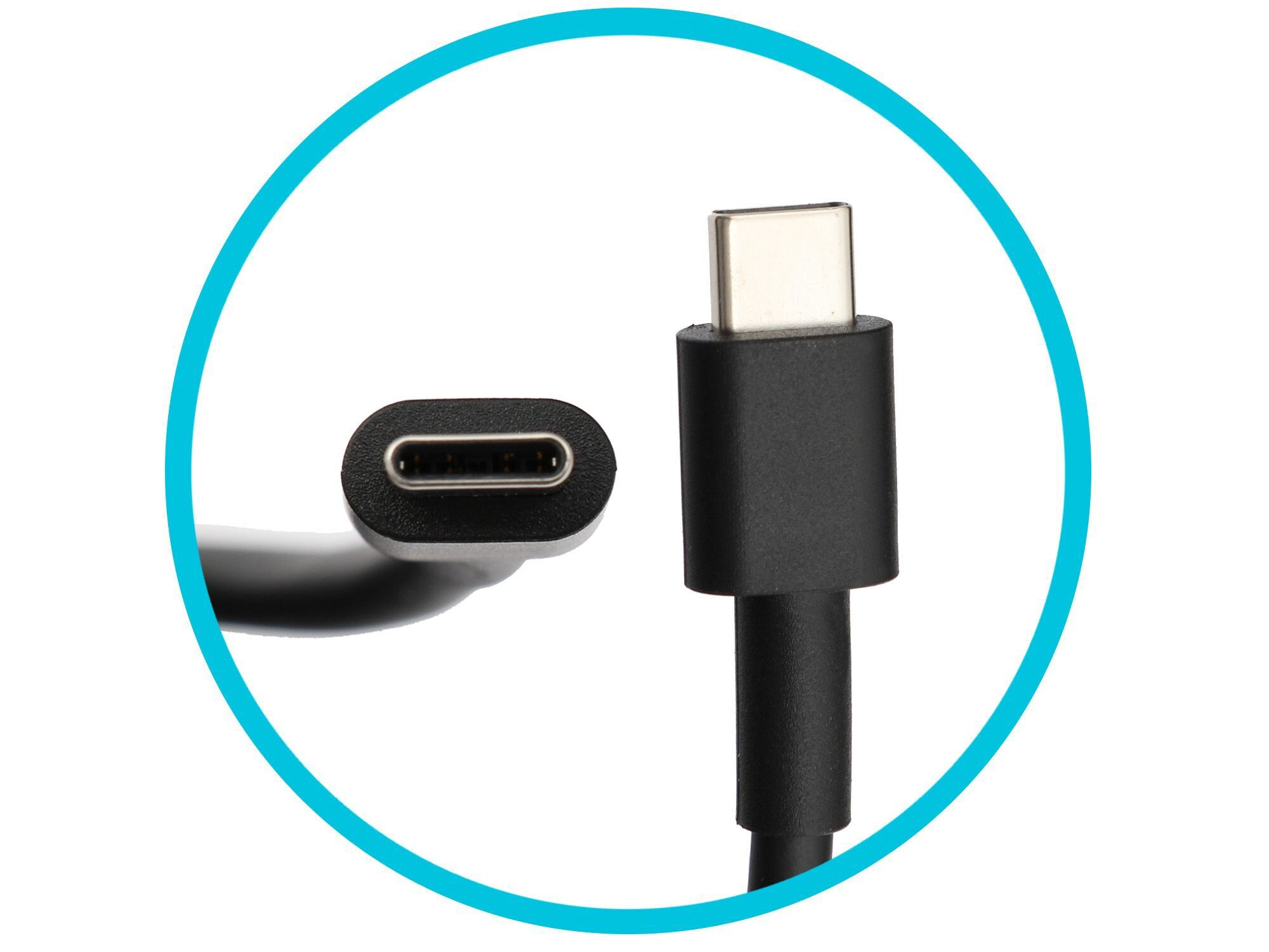 USB-C-Kabel, das beide Enden zeigt, mit blauem Kreis darum.