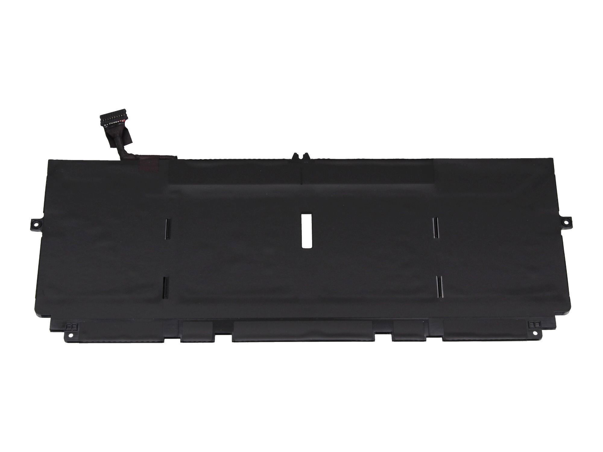 Ein schwarzer Laptop-Akku mit Stecker und Etikett, isoliert auf Weiß.