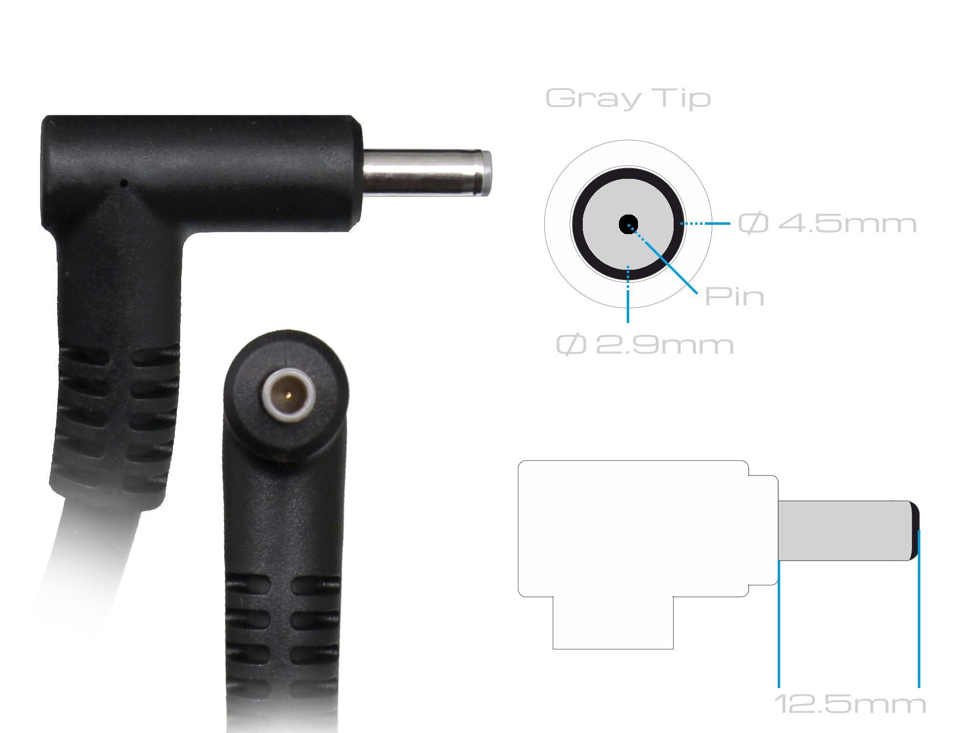 Ein Netzteil mit Messungen und beschrifteten Bereichen. Es ist ein schwarzer, abgewinkelter Stecker.