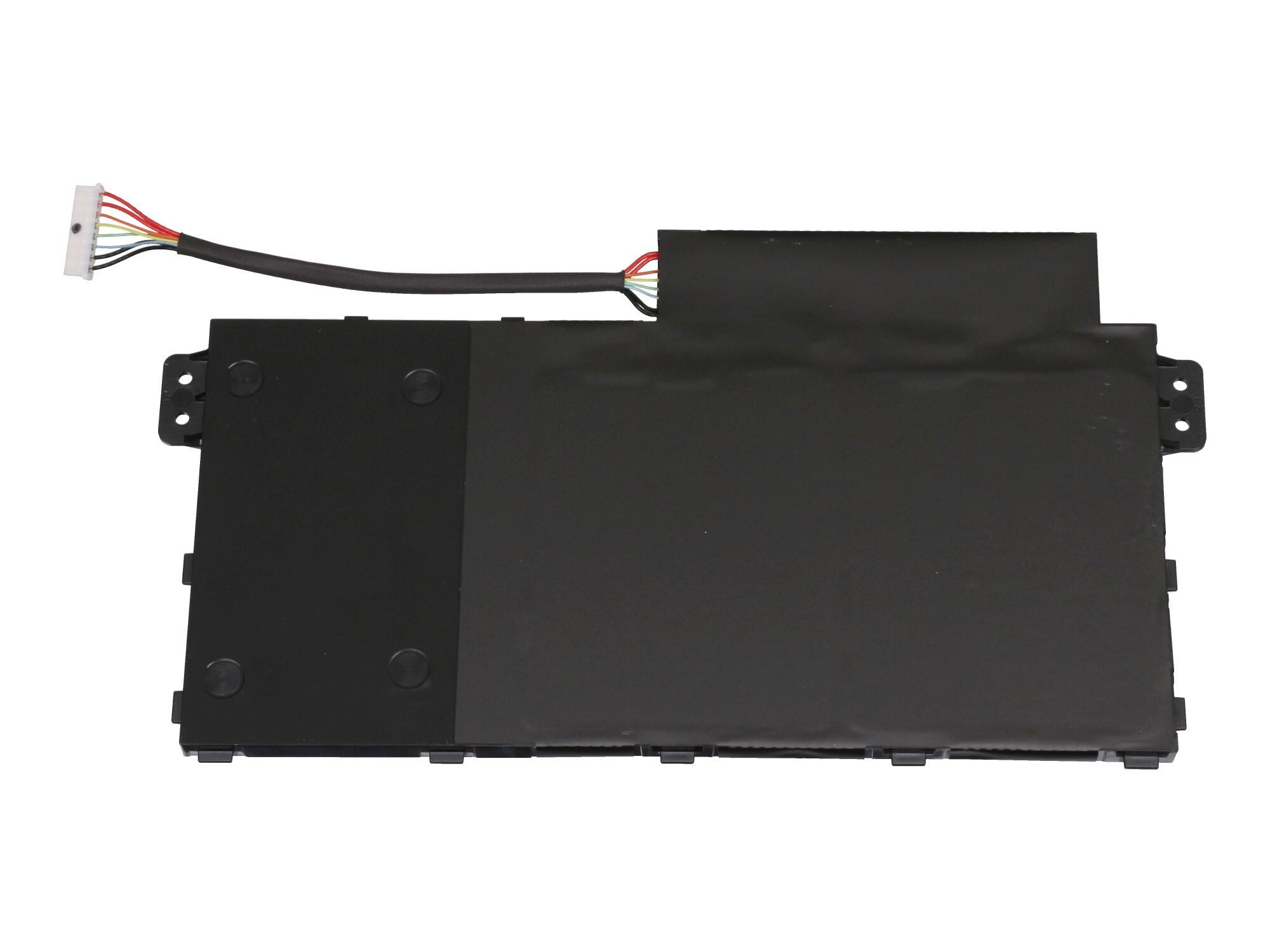 Ein schwarzer Laptop-Akku mit kleinem Drahtanschluss und schwarzer rechteckiger Basis.