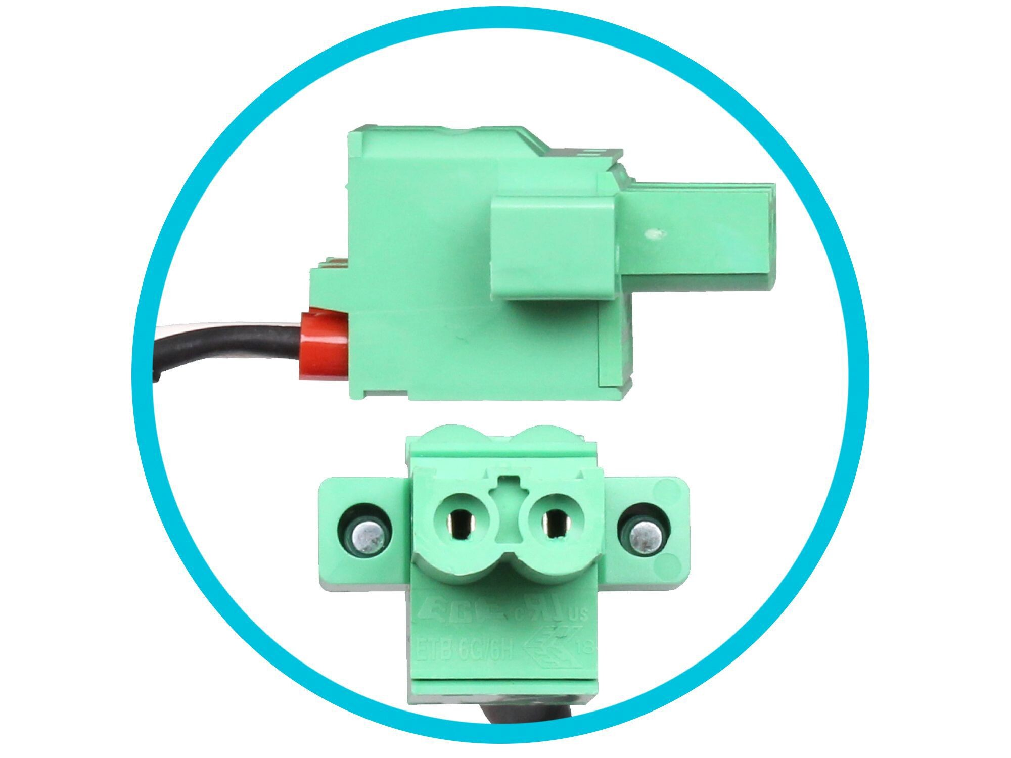 Ein grüner elektrischer Stecker mit zwei Löchern in einem blauen Kreis, mit weißem Hintergrund, Nahaufnahme.